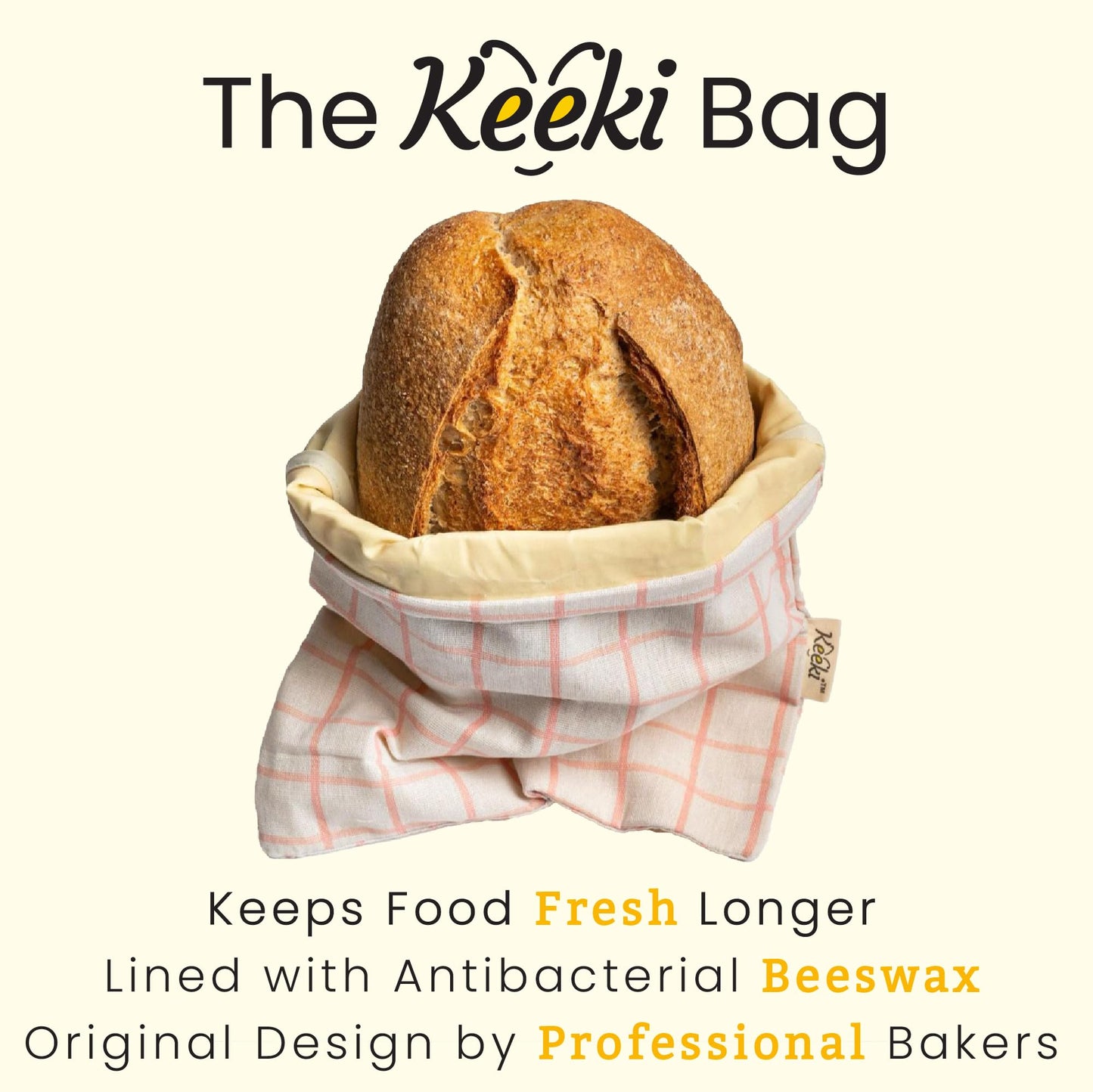Keeki Bag - The Original Beeswax Lined Bread Bag for Homemade & Sourdough | Reusable Linen Bread Storage | Beeswax Wrap Alternative | Plastic-Free Storage w/Wide Opening & Drawstring Closure (Yellow)
