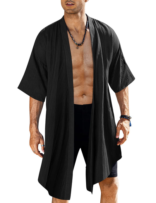 COOFANDY Men's Ruffle Shawl Collar Lightweight Cardigan Long Kimono Jackets Open Front Drape Cape Coat, Typeb-black, X-Large
