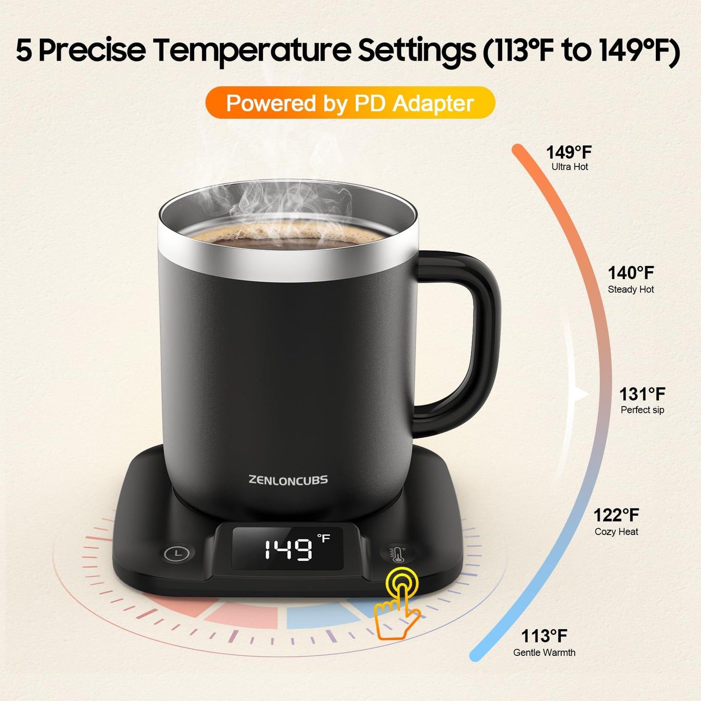 Smart Electric Heated Coffee Mug with Temperature Control, 5 Settings & Display, Auto Shut-Off, Fast Heating Warmer Set with Stainsteel Coffee Mug (17oz-Black)