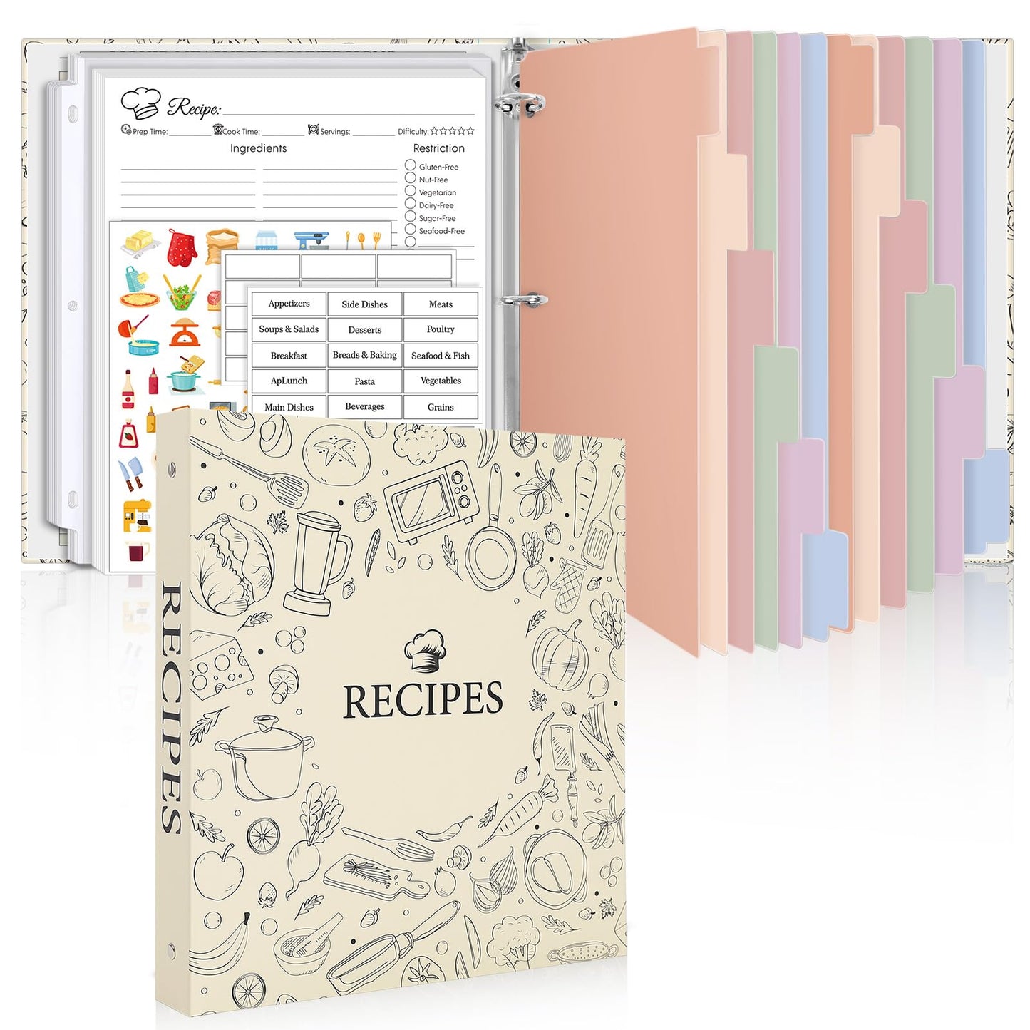 SKYDUE Recipe Binder 8.5x11 3 Ring, 1" Round Rings, Recipe Book to Write in Your Own Recipes, Recipe Binder with 60 Plastic Sleeves, 12 Dividers, 60 Blank Recipe Cards, Family Recipe Organizer(Beige)
