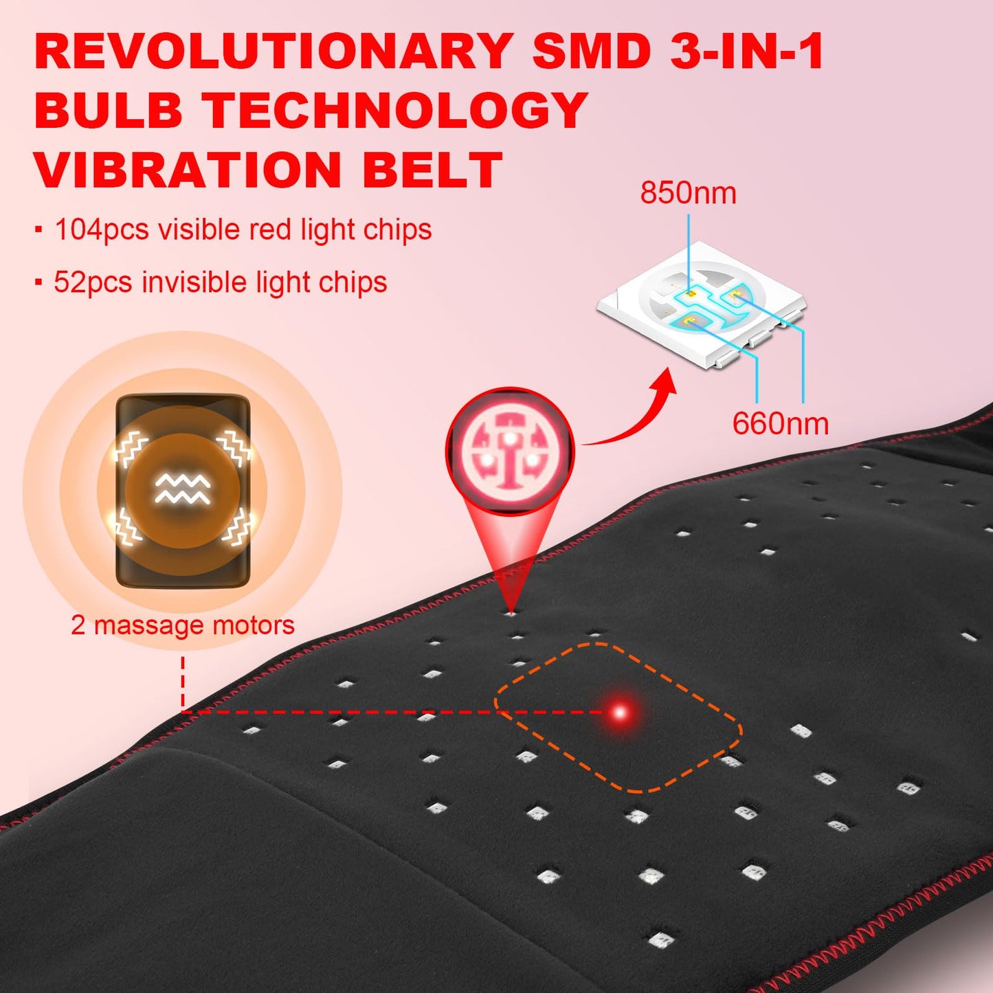 Cordless Red Light Belt, Portable Near-Infrared LED Light Waist Belt, Adjustable Wrap, Wearable Pad with Timing, 3 Vibration Modes, 5000 mAhfor Back Knee Hands Feet (Black G)