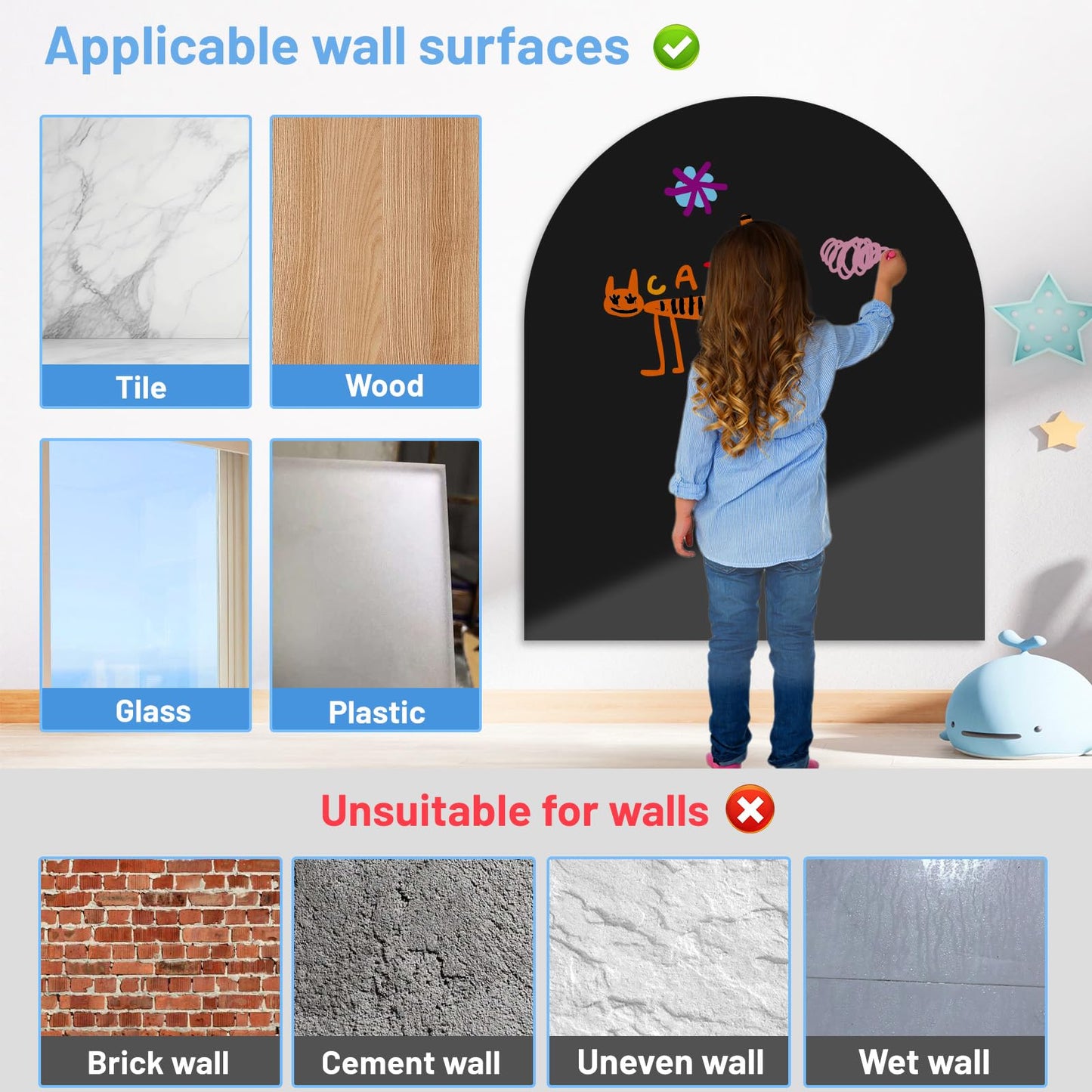 Magnetic Wall Decal Arch Set for Kids, Upgraded Self-Adhesive Magnetic Chalkboard, Magnet Board for Kids Drawing Learning Playroom, School, Home(Black 40 x 32 in)