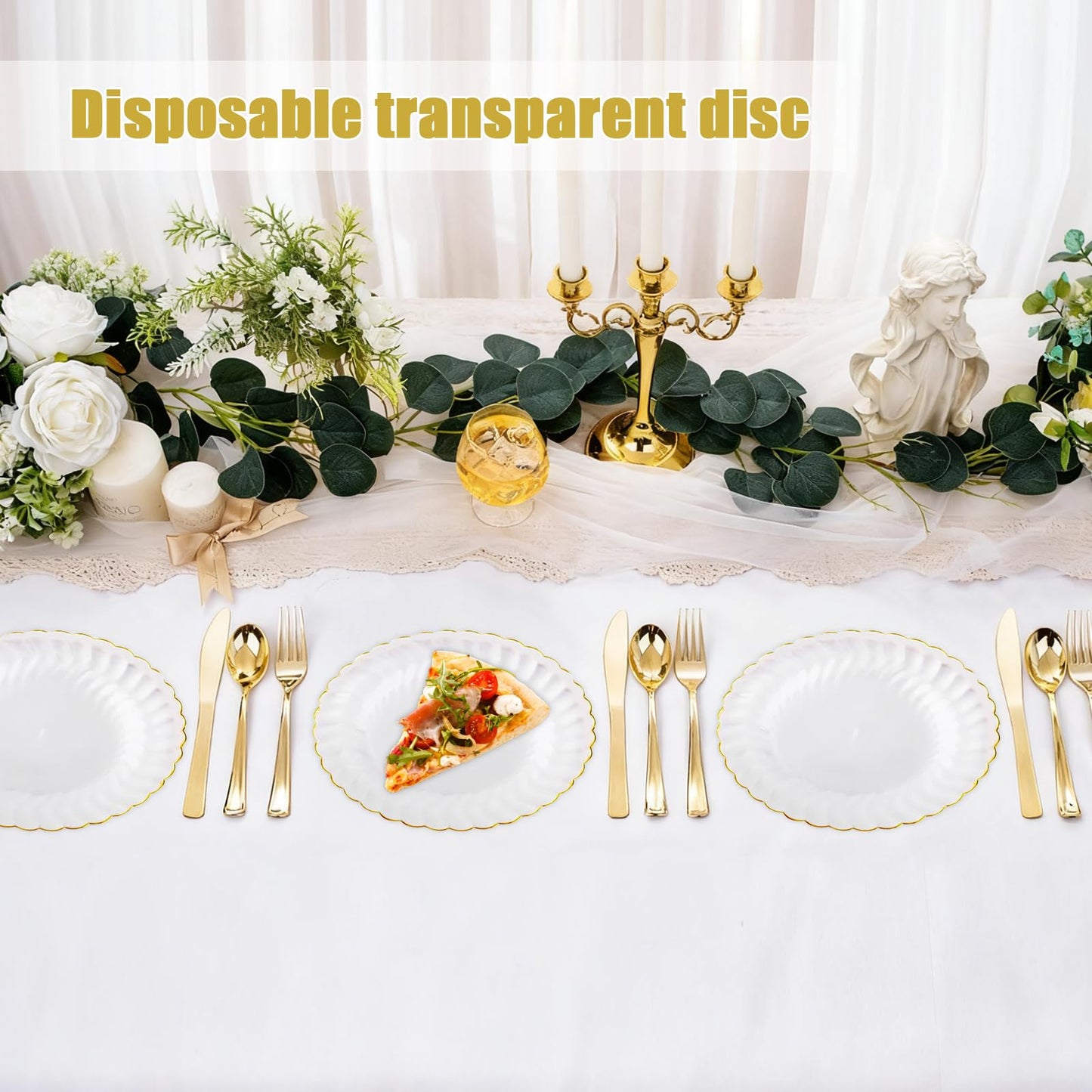 Auch 50 Pack 6 Inch Clear Plastic Plates Gold Rim, Disposable Heavy Duty Salad Dessert Plates- Premium Hard Plastic Plates Fancy Disposable Clear Plates for Weddings, Parties and Events (50 Pack)