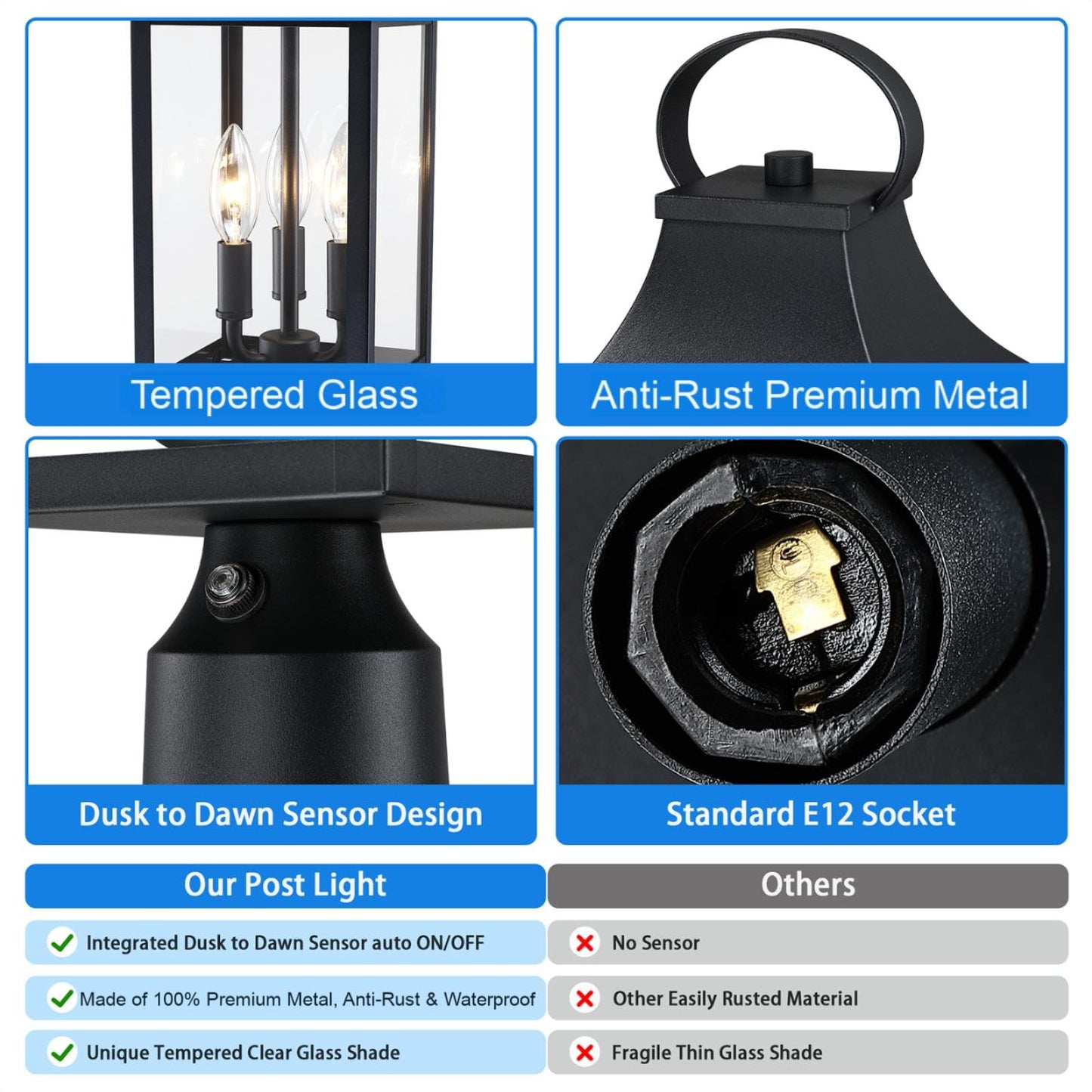 18.62'' Dusk to Dawn Post Light Outdoor, Large 3-Light Lamp Post Light Fixture, Modern Pillar Outside Lighting Waterproof Post Lantern Lamp Outdoor Post Light Fixtures Pole Lights for Porch, 1 Pack