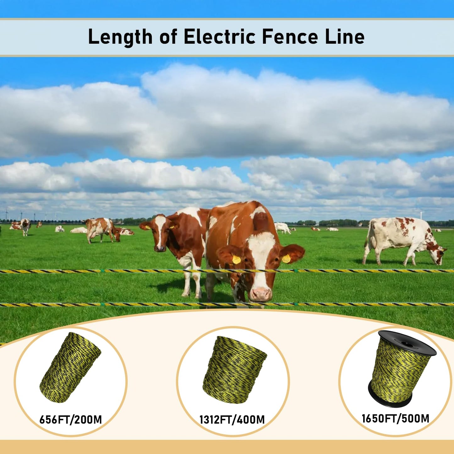 Electric Fence Polywire 1640Ft, 500 Meters Durable Conductors for Reliable Conductivity, UV & Rust Resistant, Portable Electric Fencing for Livestock and Farm Use