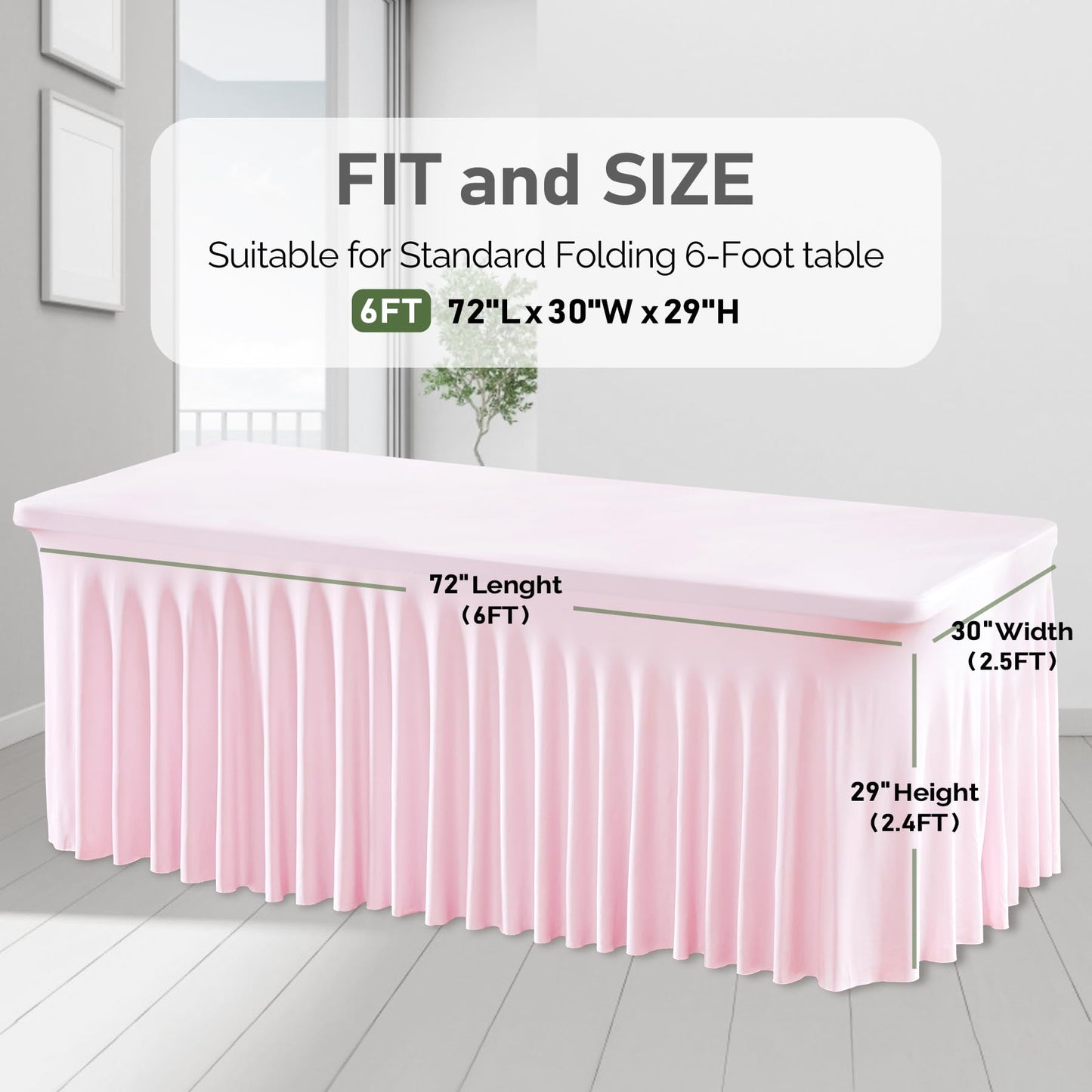 2 Packs Pink Table Clothes for 6 Foot Rectangle Tables, One-Piece Wrinkle Resistant Stretch Spandex Table Covers with Skirt for Event Banquet Wedding Birthday Party