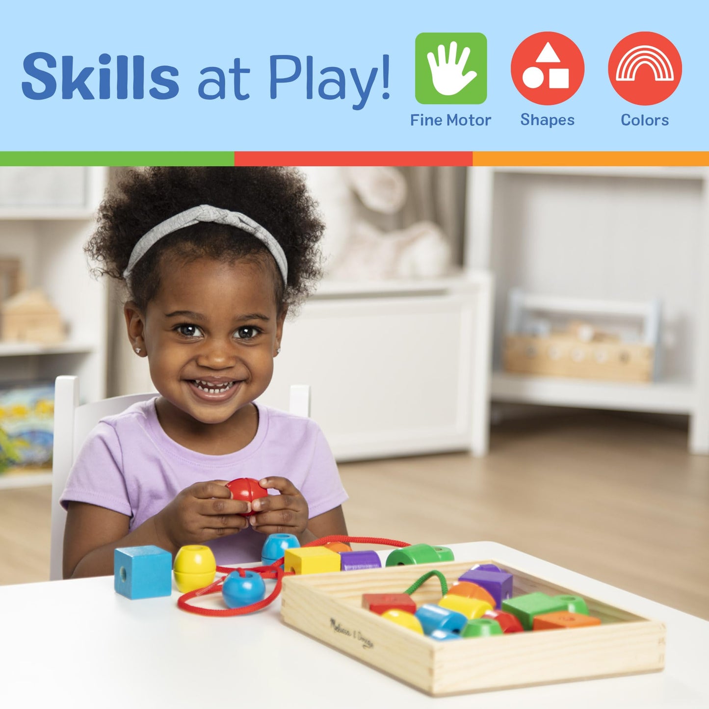 Melissa & Doug Primary Lacing Beads - Educational Toy with 30 Wooden Beads and 2 LacesFor Toddlers, Fine Motor Skills Lacing Toys for Toddlers and Kids Ages 3+