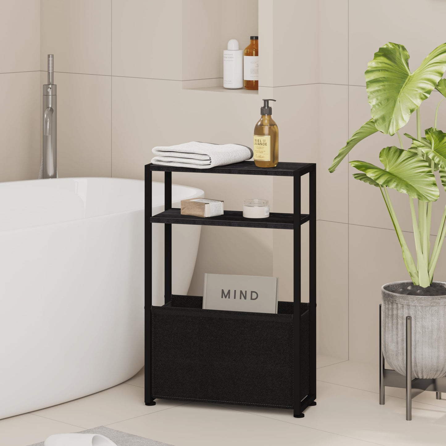 Leomonio Black Slim Side Table with Magazine Rack, Small Space-Friendly, Narrow Bedside Table for Living Room, Bedroom