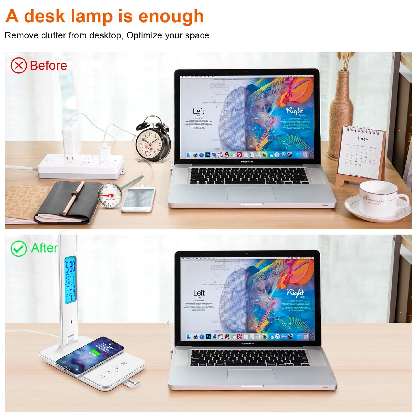Whicow LED Desk Lamp, Desk Light with Wireless Charger, USB Charging Port, Dimmable Office Desk Lamp with Clock, Alarm, Date, Temperature, Foldable Table Lamp for Table Bedroom Bedside Office