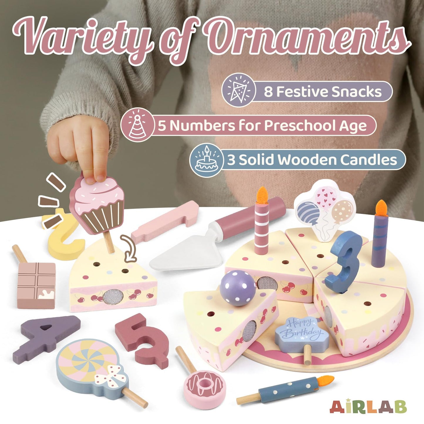 Airlab Wooden Birthday Party Cake Play Food Sets for Toddler 2 3 4 5 Year Old Girls Boys Kids Kitchen Accessories Pretend Play Toy Gift Educational Toys