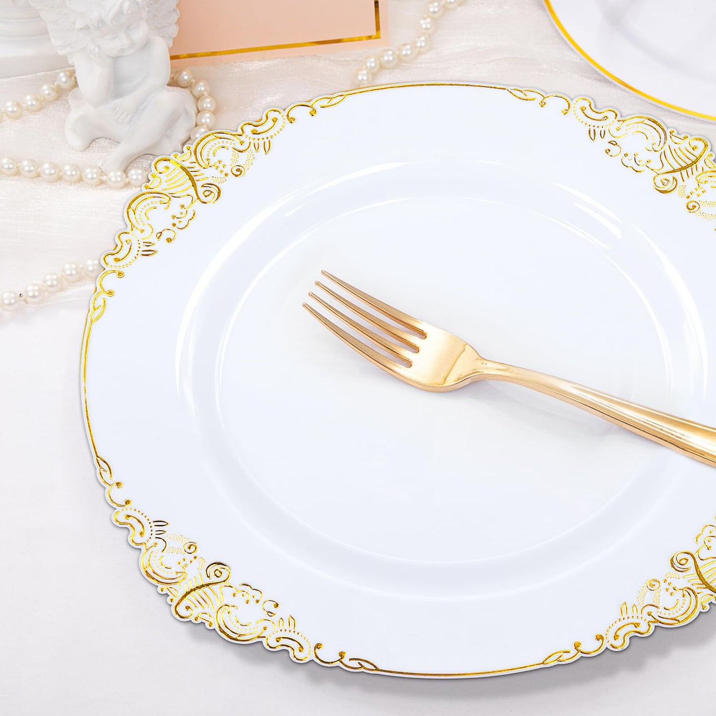 100 Pcs White Plastic Plates with Gold Rims, 7.5" Round Plastic Dessert Plates, Elegant Salad Plates for Cakes, Appetizers, Desserts, Snacks, Fruits, Gathering Supplies