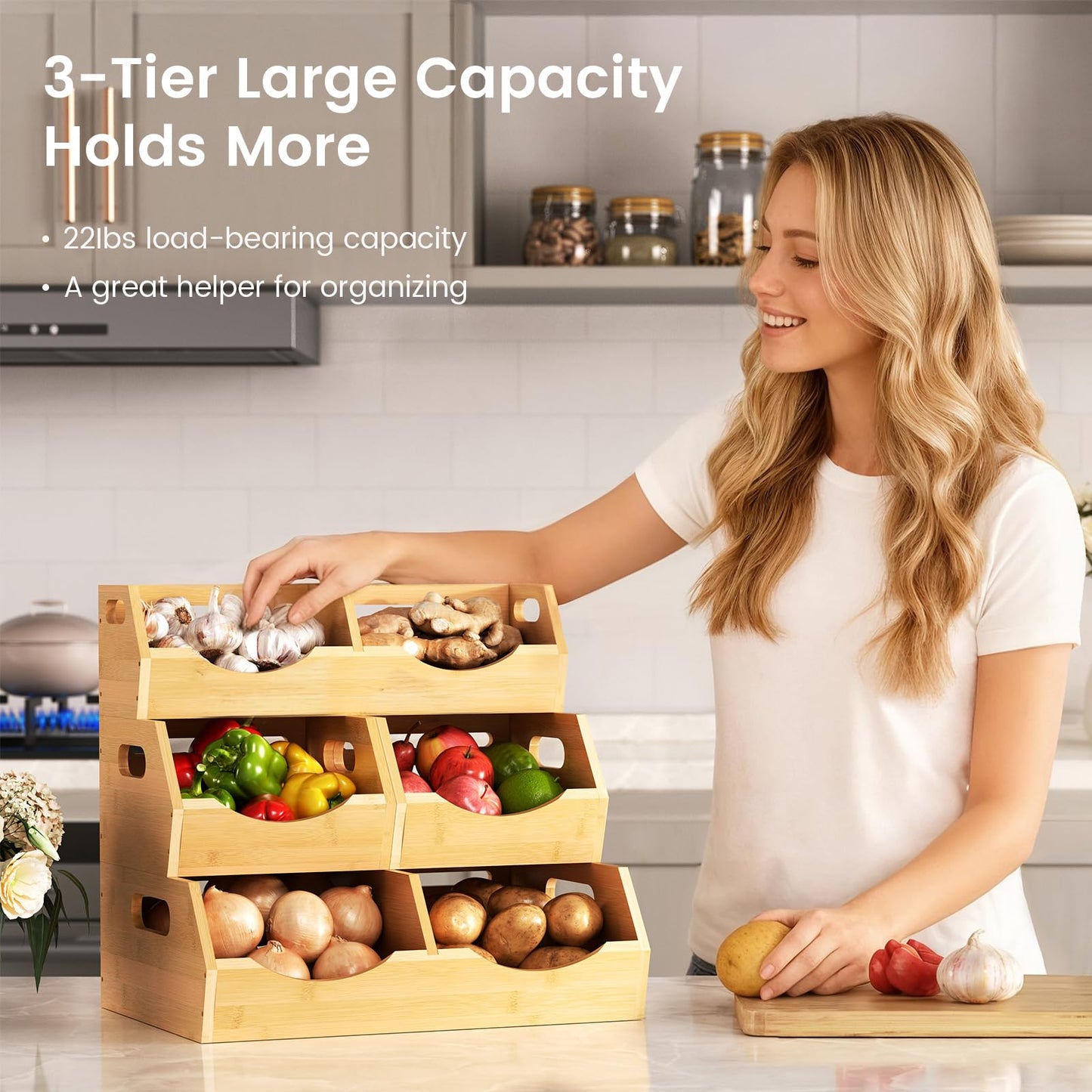 Bamboo Potato Onion Storage Bins Natural Brown, 3 Tier Stackable Ventilated Kitchen Organizer for Pantry, Countertop, Bathroom, Space-Saving, Easy Access Handle