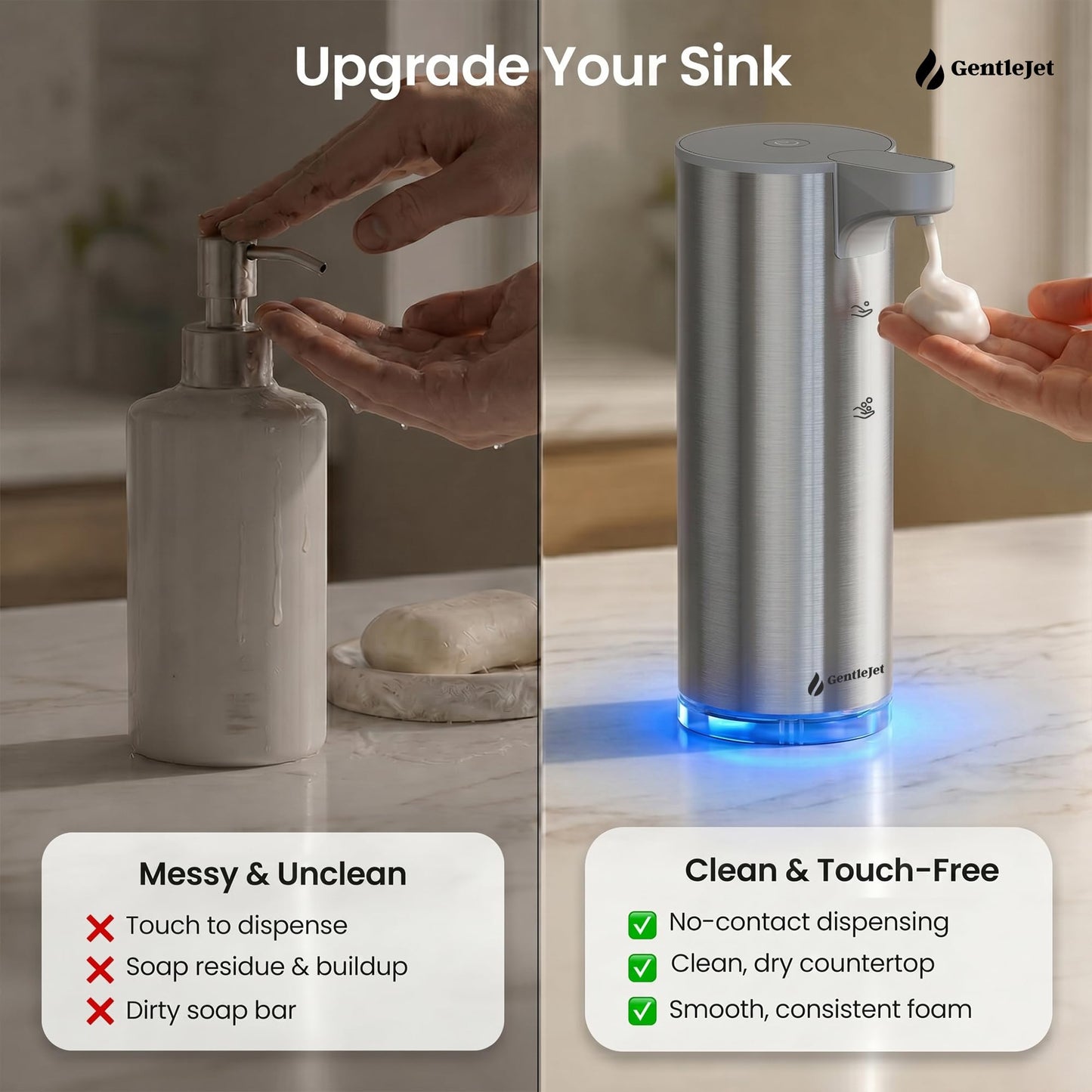 GentleJet EasyFoam Automatic Foaming Soap Dispenser, Touchless USB-C Rechargeable Sensor Pump, 304 Stainless Steel, Adjustable Foam, IPX5 Water-Resistant for Bathroom & Kitchen, 10 fl oz / 300 mL