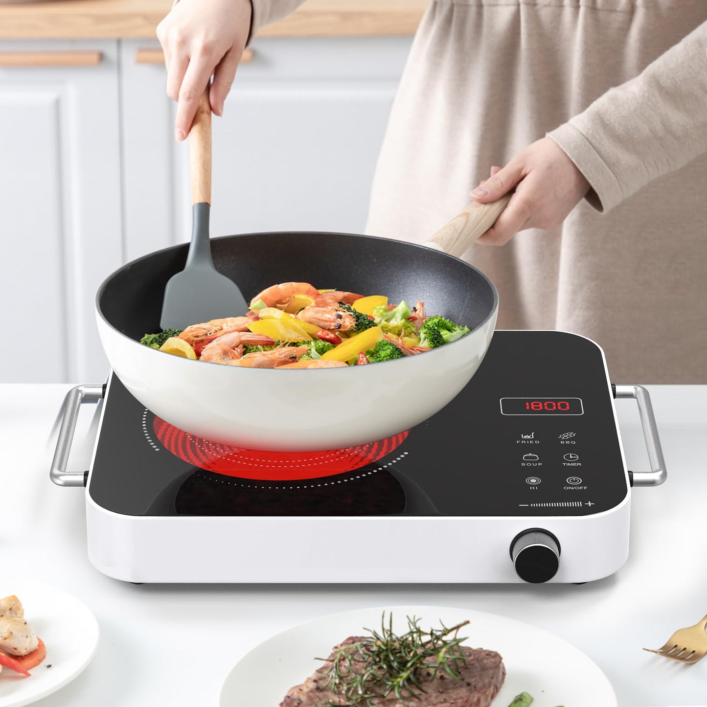 GIHETKUT Electric Cooktop Single Burner, 1800W 110V Electric Stove Top with Knob Control, Portable Induction Cooktop with 2 Handle, Hot plate with Double Ring Heating, 4 hours Timer
