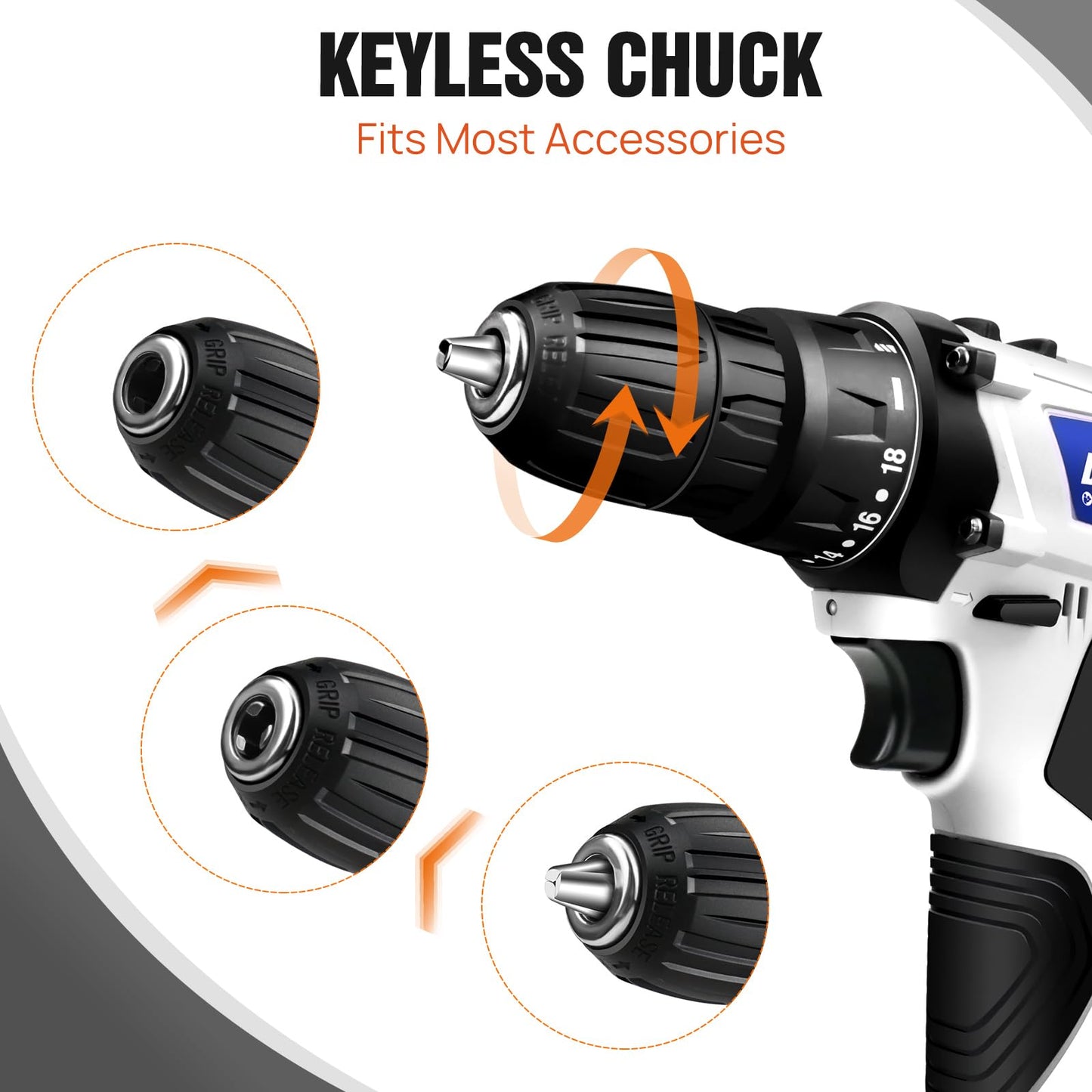 16.8v Cordless Power Drill Combi Driver Electric Screwdriver Tools Kit,2 Variable Speed 18+1 Torque Setting,23pcs Drill/Driver Bits