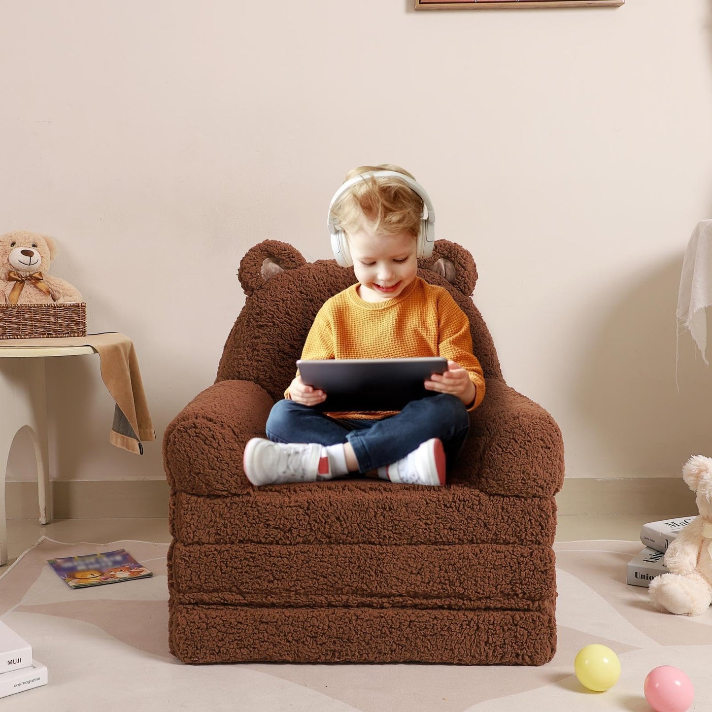 MOMCAYWEX Kids Sofa, Sherpa Couch with Tri-Layer Foam Cushions, Comfy Seating for Kids, Medium, Brown