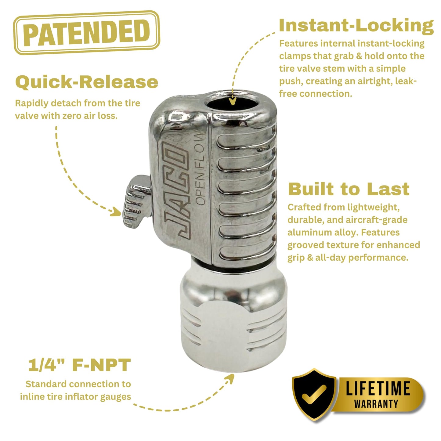 JACO Lightning S2 Quick-Connect Tire Air Chuck - 1/4" F-NPT (Open Flow) (2-Pack)