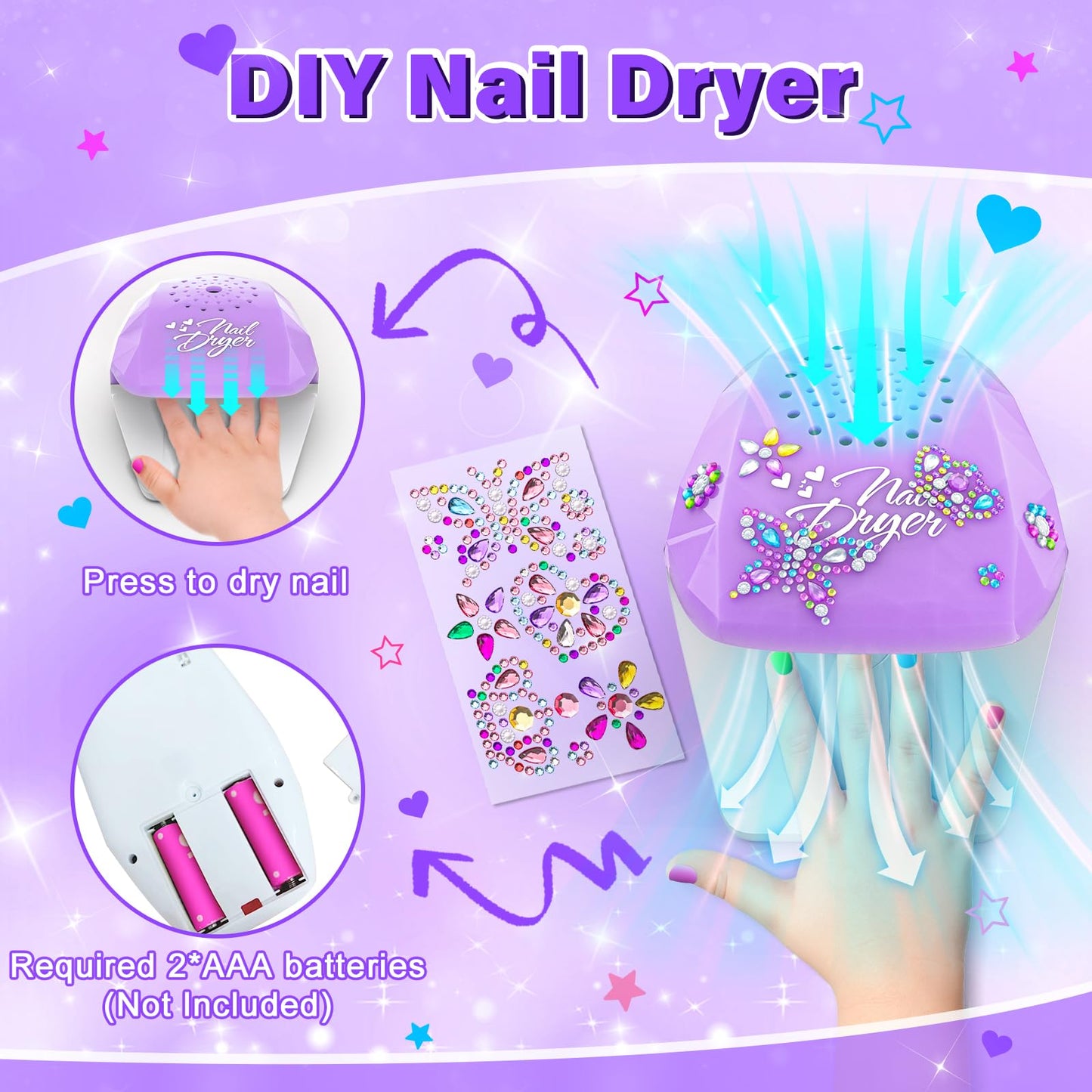 Glisiol Kids Nail Polish Set for Girls Toys, Washable Quick-Dry Toddler Nail Art Kit with Air Cooling Dryer and Cosmetic Case, Christmas or Birthday Gifts for Girls Ages 3 4 5 6 7 9 10 11 12-Purple