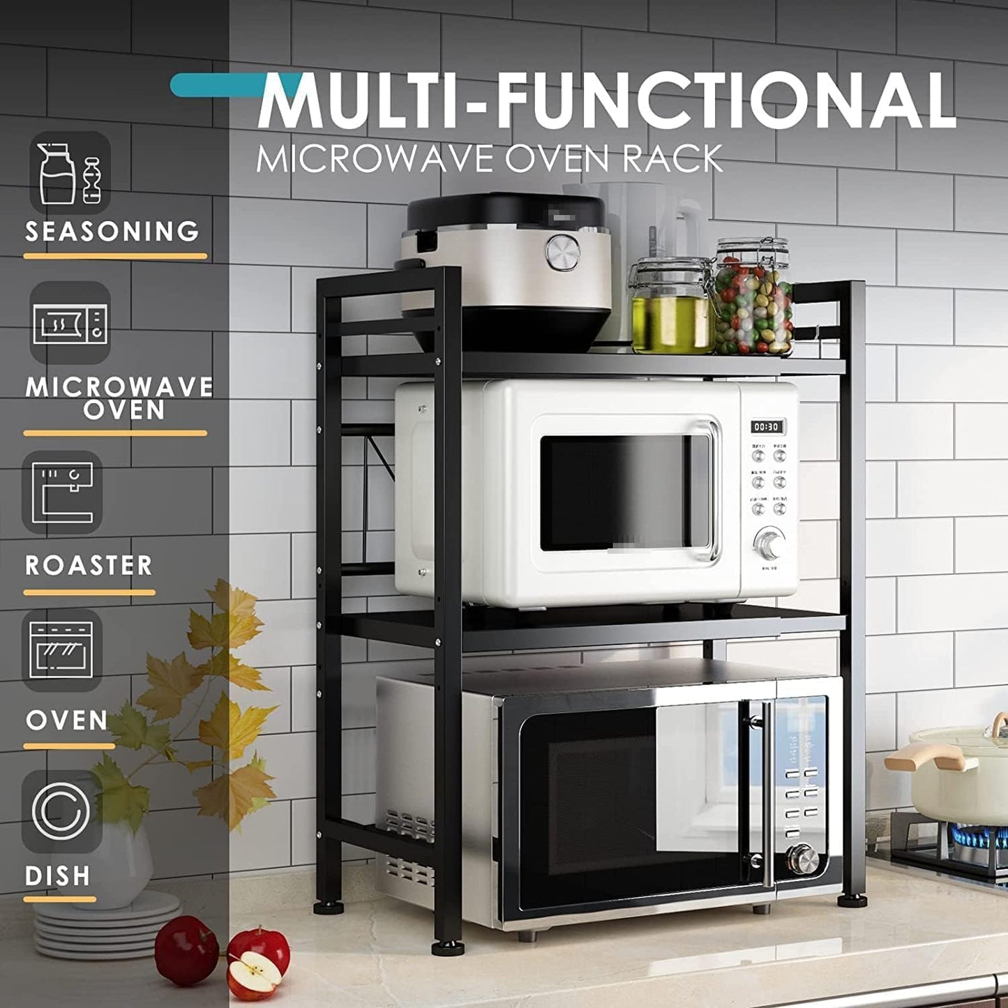 DOLALIKE Expandable Microwave Rack, Countertop Kitchen Utensils Tableware Storage, Carbon Steel 3 Tier Shelf with 3 Hooks