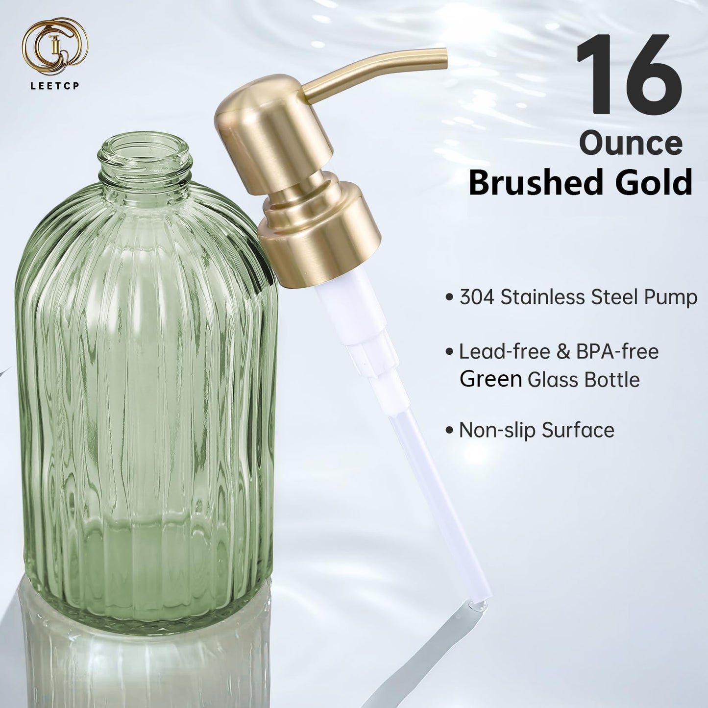 16Oz Green Glass Soap Dispenser with Rust Proof Stainless Steel Pump, Green Stripe Bathroom Hand Dish Lotion Dispensers with Brushed Gold Pump,Brushed Gold Glass Soap Dispenser2 Packs