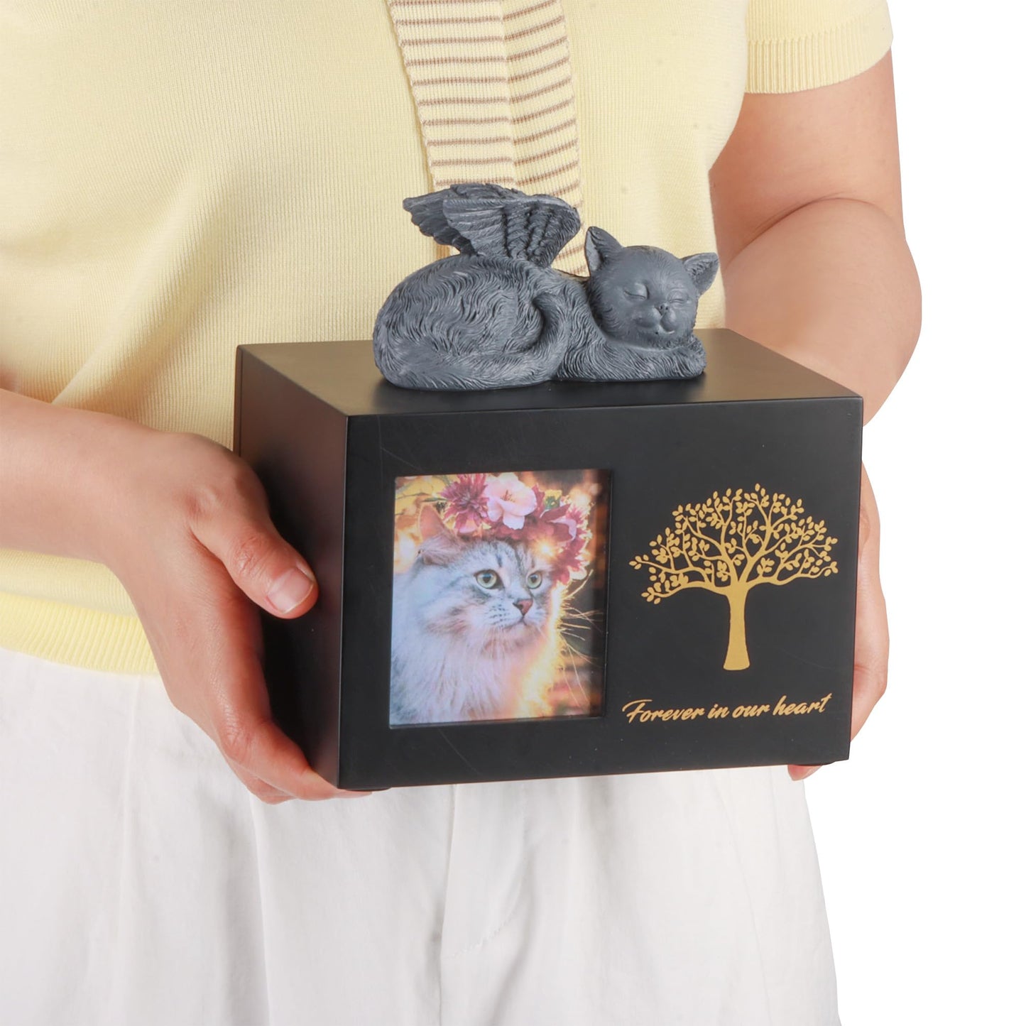 DiDiBirDi Pet Urns for Cats, Tree Pattern Wooden Keepsake with Photo Frame, Pet Ashes Keepsake Memory Box with Resin Animal Statue and Sealed Storage Bags (75lbs)（Black）