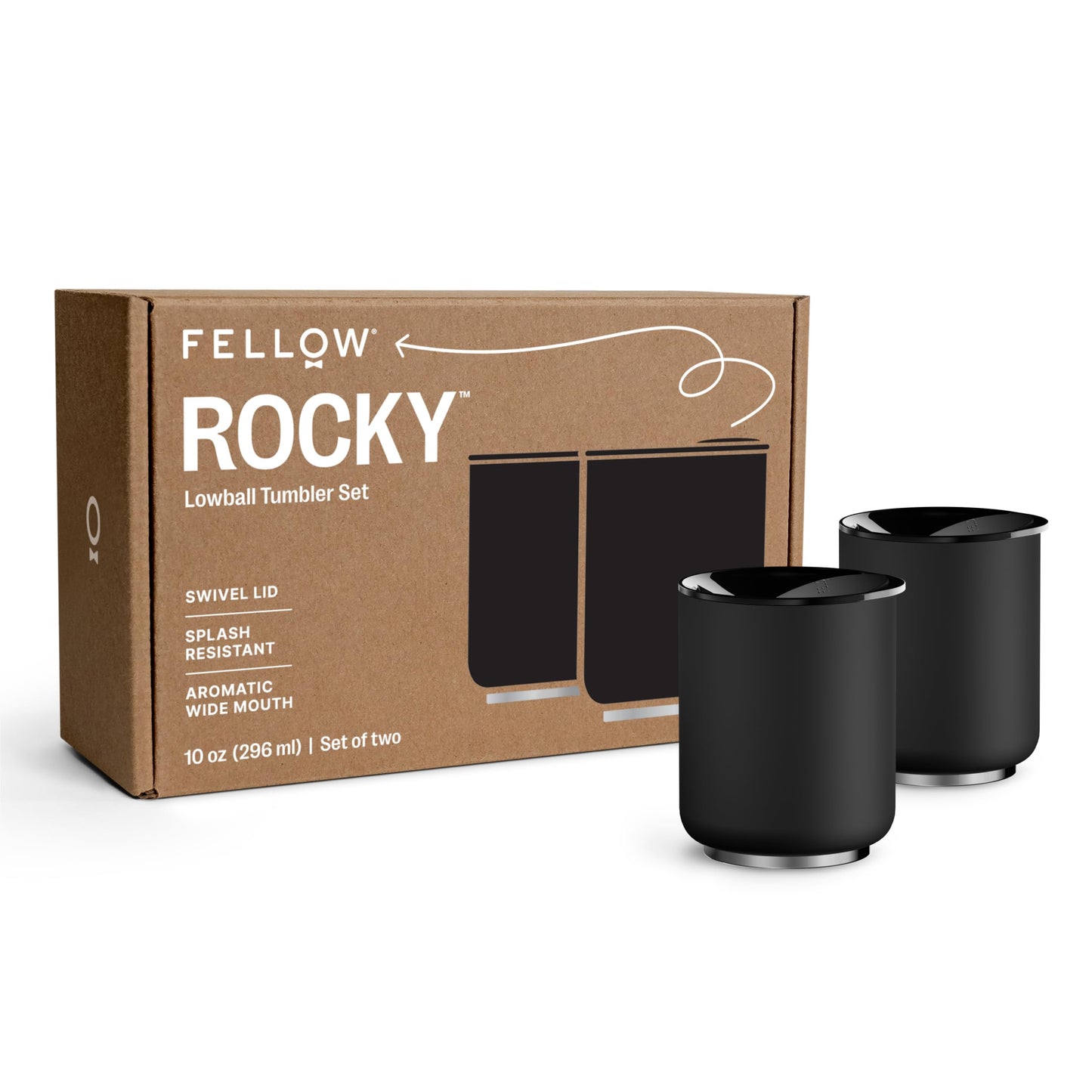 Fellow Rocky Lowball Tumbler Set of 2 - Insulated Stainless Steel Cocktail Tumblers with Ceramic Interior and Swivel Pebble Lid - 10 oz, Matte Black