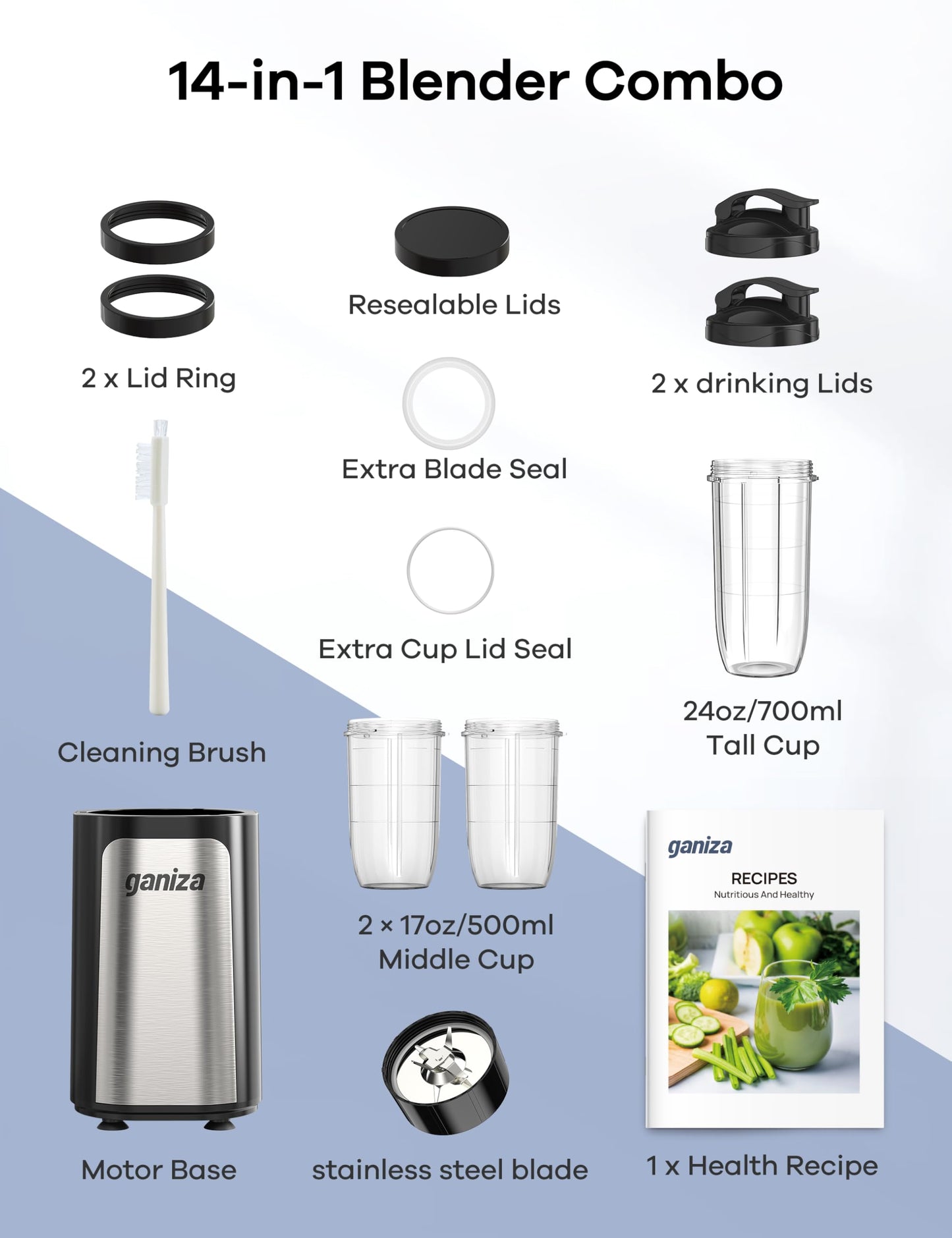 Ganiza Blender for Smoothies, 14Pcs Personal Blenders for Kitchen, Portable Single Serve Smoothie Maker Machine for Shakes, Frozen Drinks with 24 oz, (2) 17 oz To-Go Cups, Nutritious Recipe