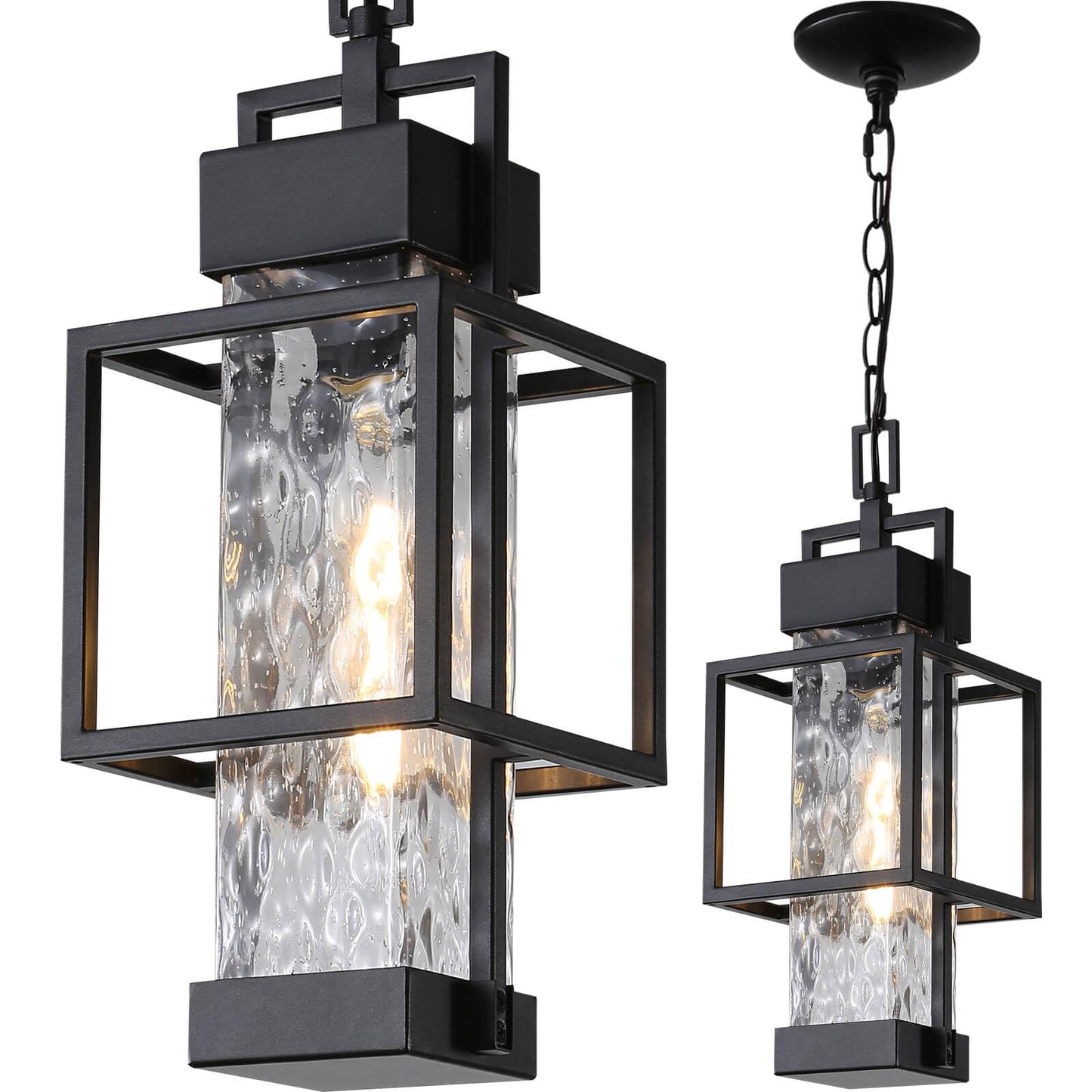 Outdoor Pendant Light for Porch, Waterproof Hanging Ceiling Lantern with Water Glass, Black Exterior Light Fixture for Front Door Gazebo Entryway, E26 Base, LED Bulb Included