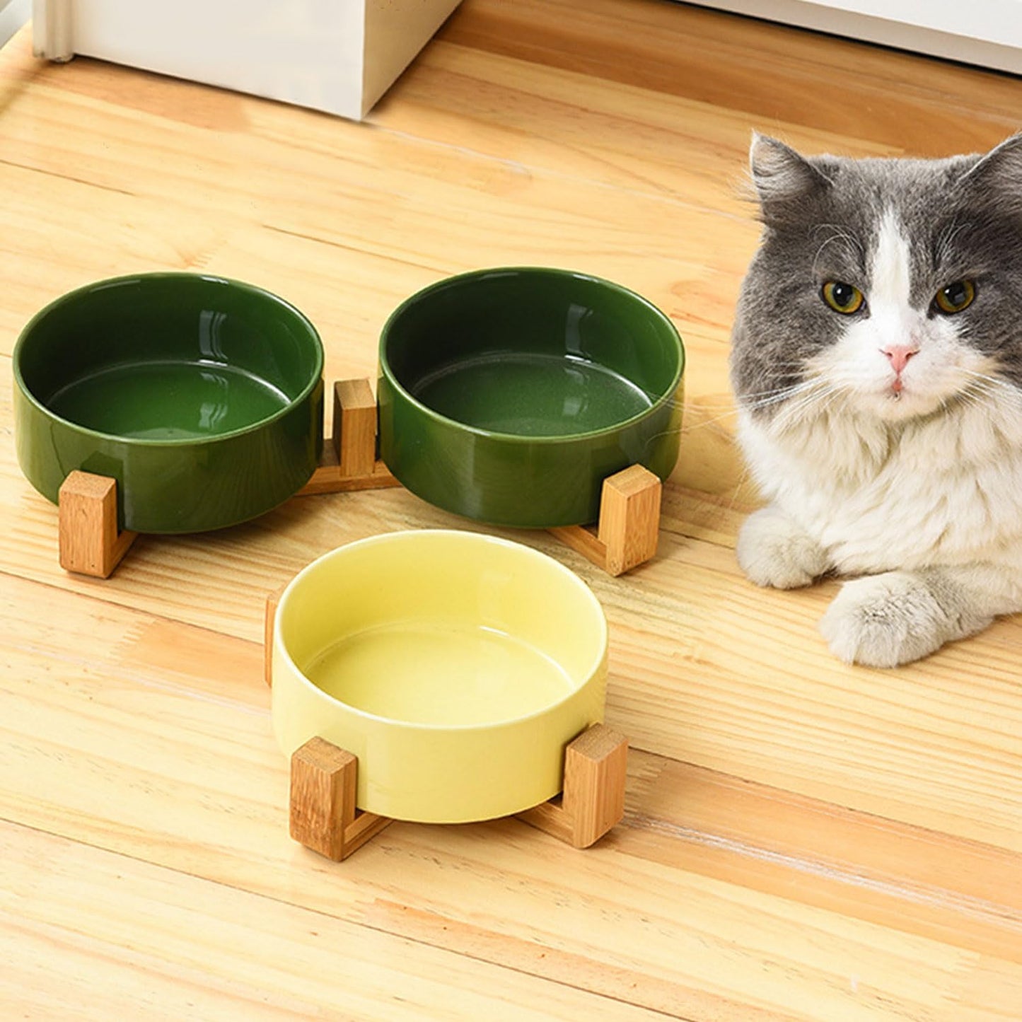 Petygooing Dog Bowls,Ceramic Cat Dog Dish Set with Wood Stand for Food Water,Non-Slip Weighted Cute Modern Pet Feeder for Cat & Small Medium Dogs(28OZ/6.1) Rust Green