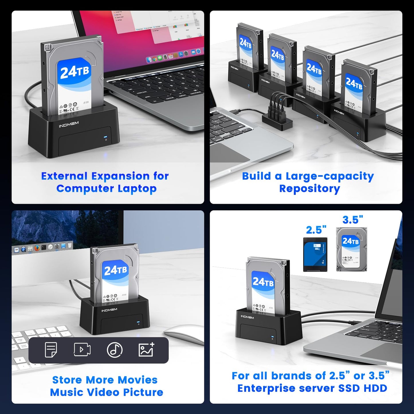 INDMEM Upgraded SAS to USB 3.0 Adapter, SAS/SATA Hard Drive Enclosure Reader Converter Docking Station for 2.5/3.5 inch Server HDD SSD with 12V/2A Power Adapter,Support up to 24TB