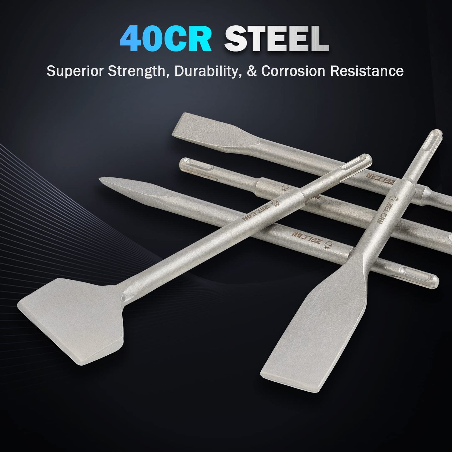 ZELCAN 6-Piece Chisel Set for SDS Plus Bits Tile Grooving Scraping Flat Point Scaling Chisels Hammer Drill Tool for Tile Masonry Concrete Brick Stone Work 40Cr Steel Drill Bit Set w SDS Plus Shanks