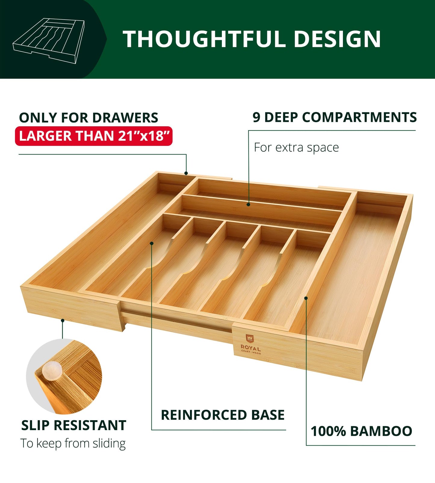 Luxury Cutlery Drawer Organizer - Utensil Holder & Kitchen Drawer Organizer, Bamboo Expandable 9 Slots Silverware Drawer Organizer For Kitchen, Slip Resistant For Flatware & Kitchen Utensils, Natural