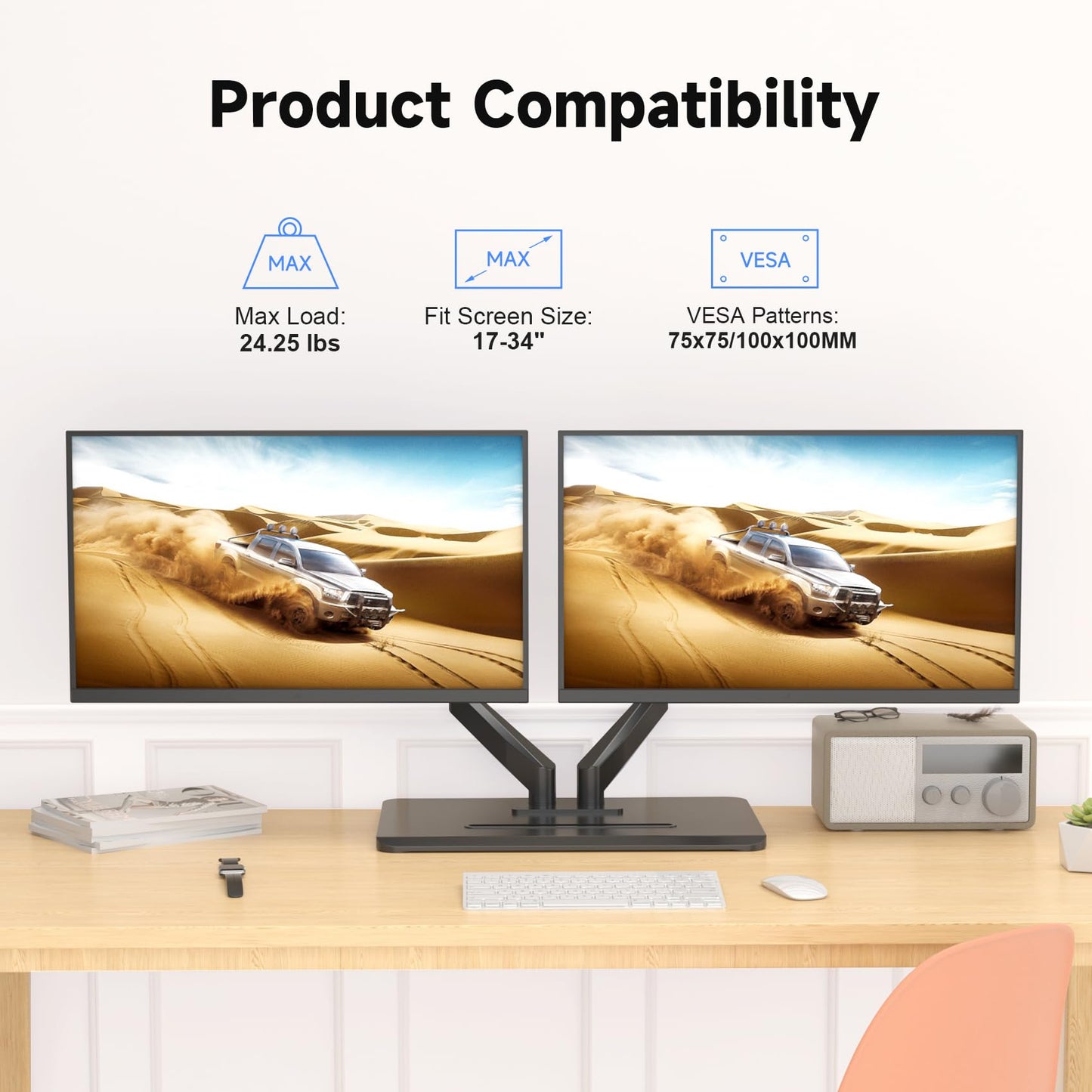 suptek Dual Monitor Mount Gas Spring Monitor Arm Desk Stand with Base,Free Standing Pneumatic Height Adjustable Monitor Stand for 17 to 34 inch,Holds up to 24.25 lbs,Black(ML8SPC)