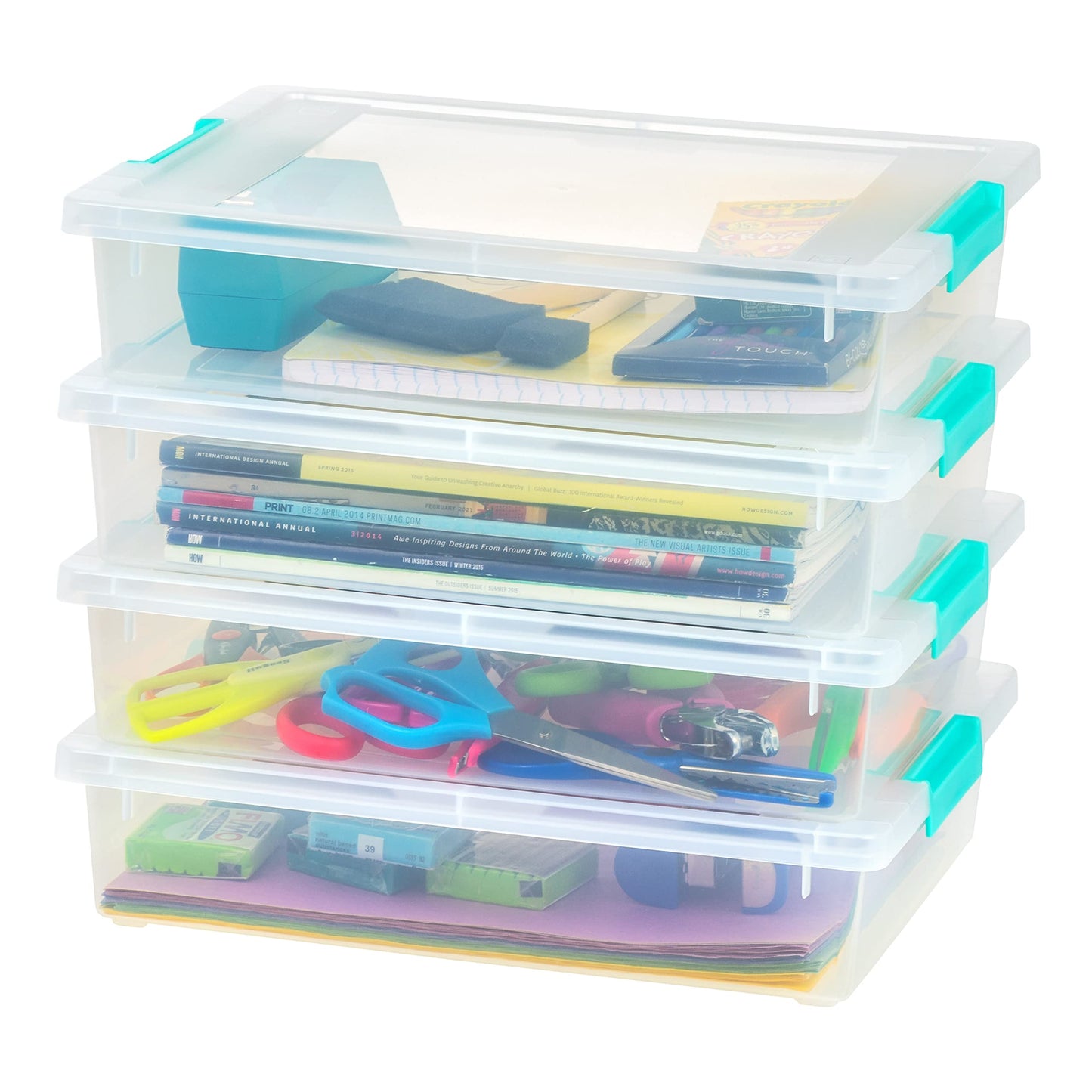 IRIS USA 5.7 L (6 US Qt) Large Clip Box, 4 Pack, Clear Plastic Storage Container Bins with Latching Lids, Organizing Container for Home, Office and School Supplies, Stackable, Seafoam Blue Buckles