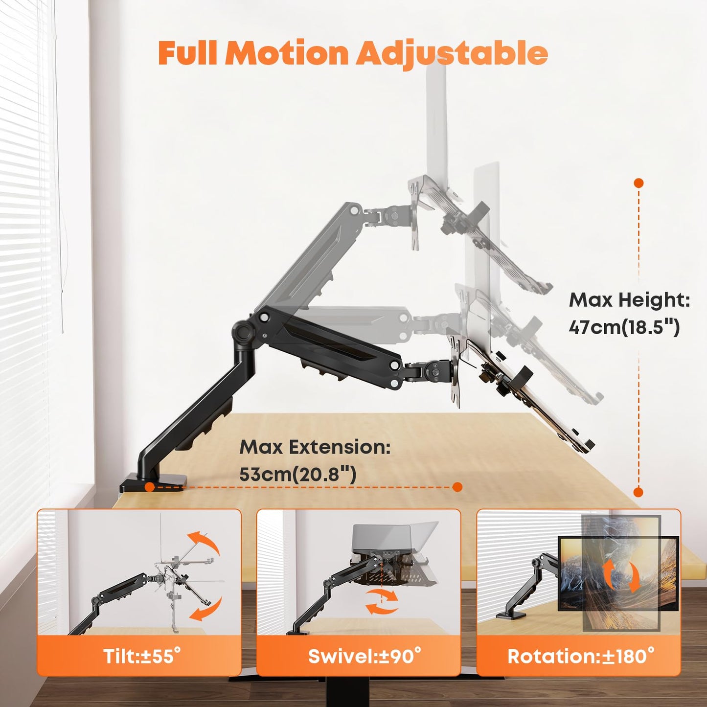 PUTORSEN Laptop Arm Mount for Desk, Fits Max 18'' Notebook and 17-40'' Monitor, Monitor Mount with Adjustable Laptop Tray, Holds up to 26.4lbs, VESA 75/100mm