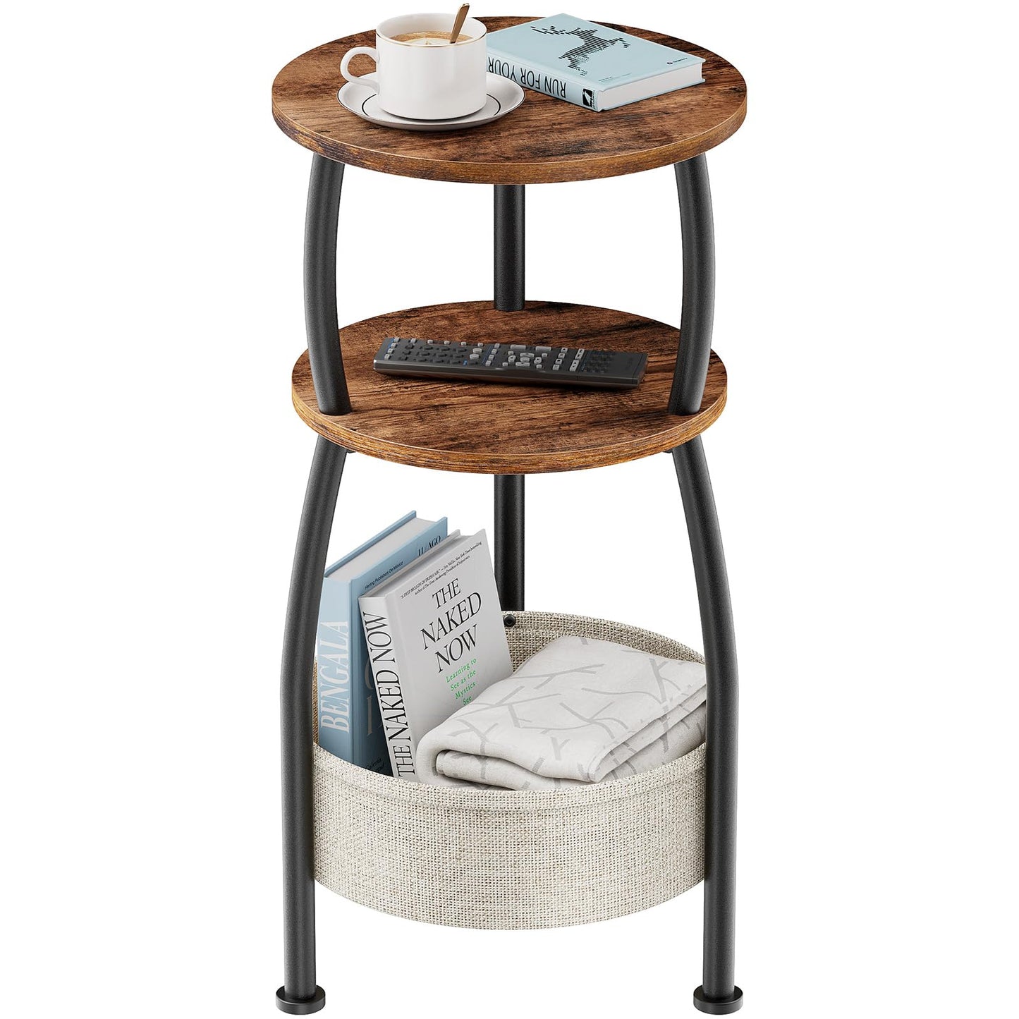 Yuede Side Table Living Room with Storage Basket, Round End Table 3-Tier Accent Nightstand Sofa Corner Table for Small Spaces, Bedroom, Narrow Spaces Coffee Table Rustic Brown
