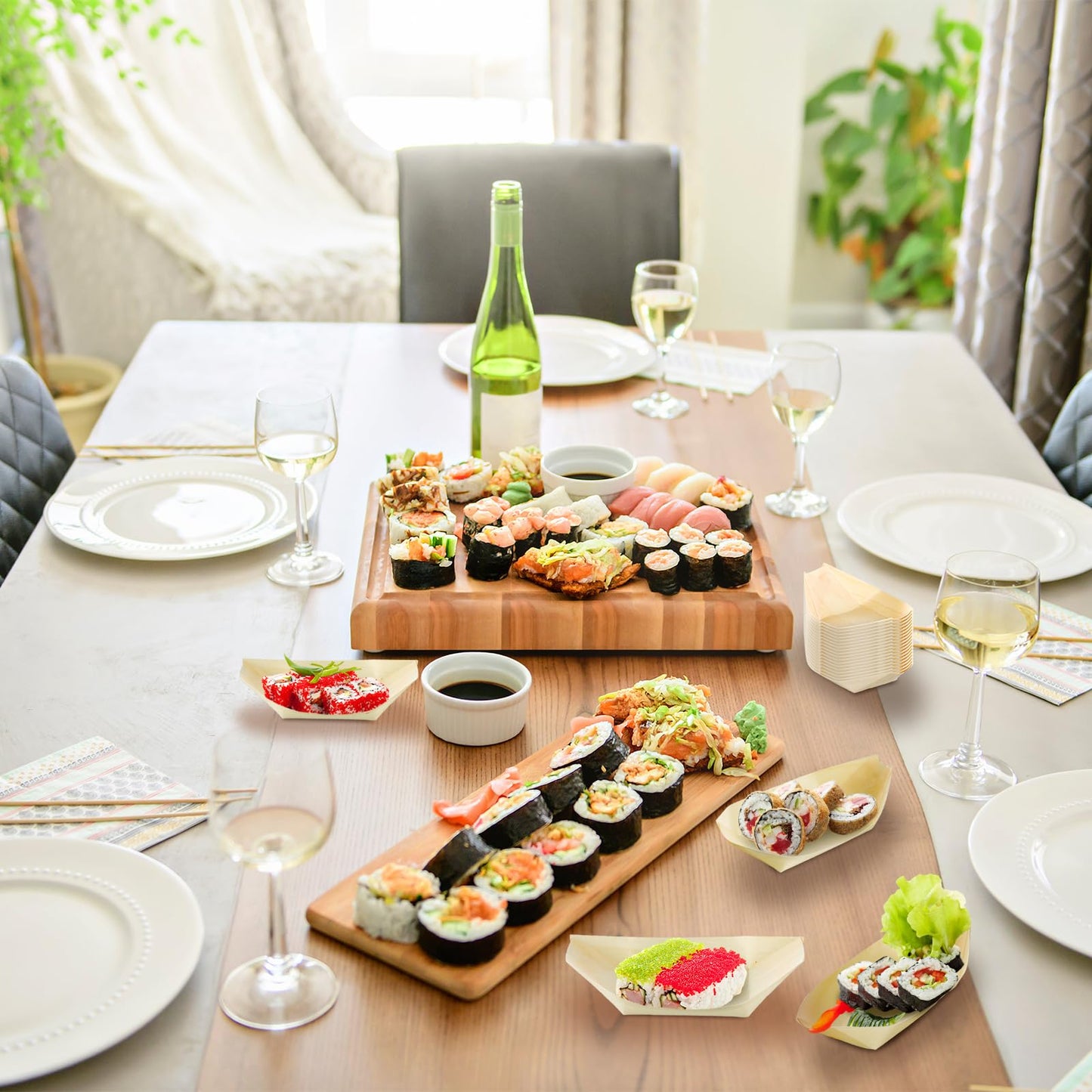 Newtay 500 Pcs Bamboo Boat Plates for Appetizer 5.5" Disposable Wooden Charcuterie Boat Leaf Small Sushi Serving Tray Food Dishes Container Bowl for Catering Home Hawaiian Wedding Party Supplies