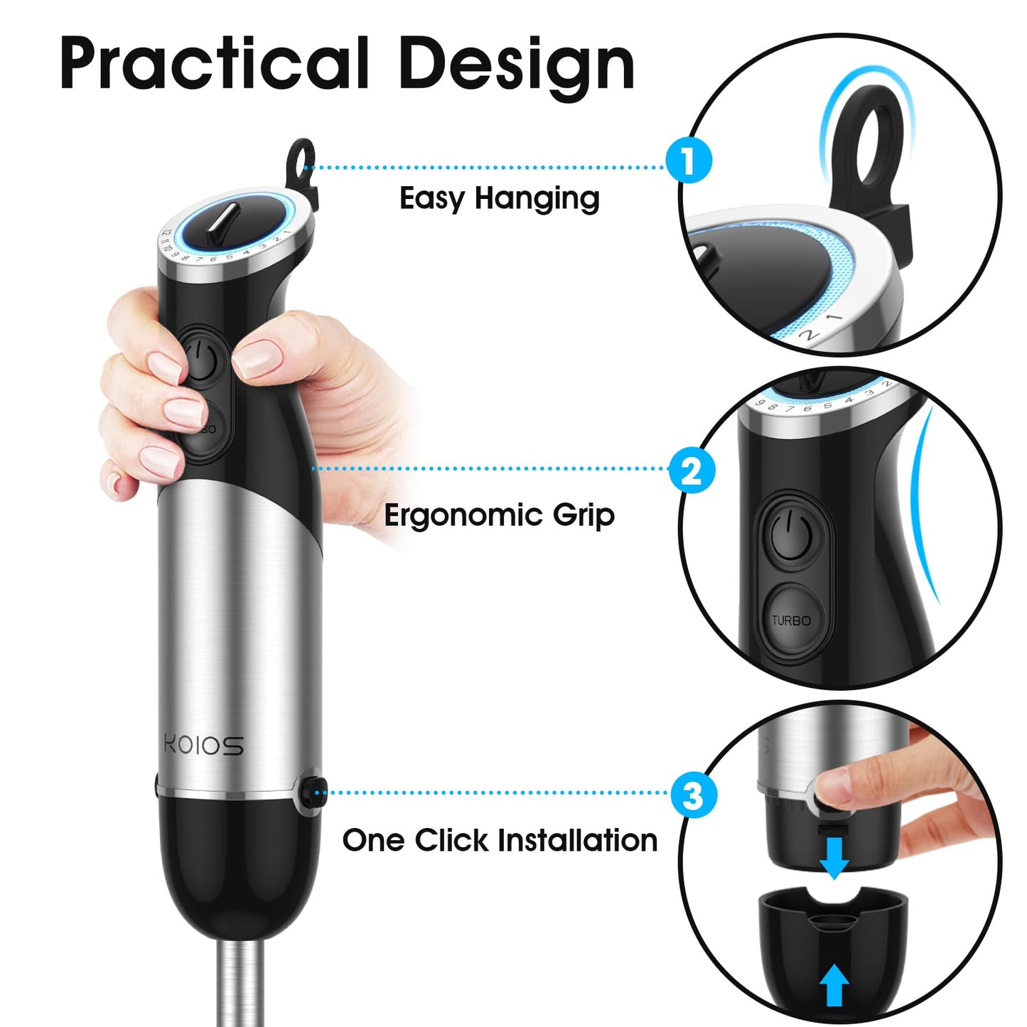 KOIOS 1000W 5 in1 Immersion Blender Handheld, 12-Speed & Turbo Mode Hand Mixer Stick Blender with Food Chopper, Beaker, Whis, Milk Frother, Non-BPA, Black