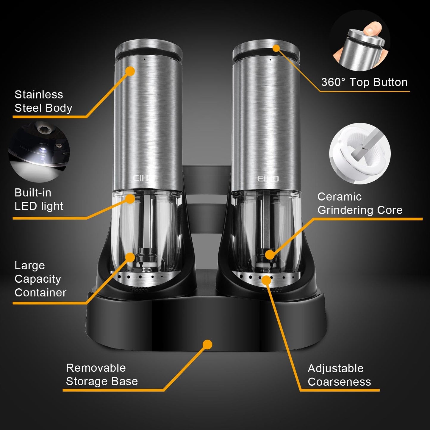 Electric Salt and Pepper Grinder Set Rechargeable, External Adjustable Coarseness, Automatic Salt & Pepper Shakers Mills, Kitchen Gadgets,Stocking Stuffers Christmas Cooking Gifts for Adults Men Women