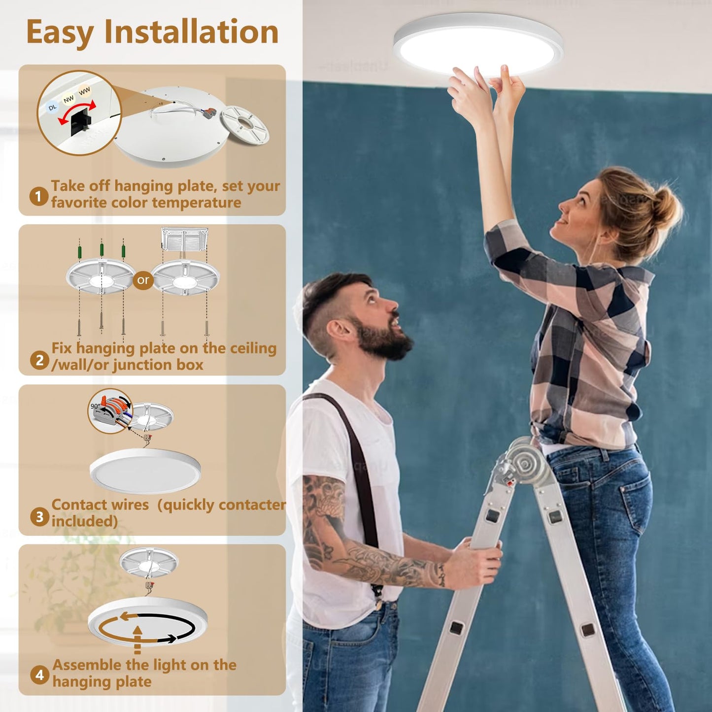4PK 12Inch LED Flush Mount Ceiling Light, 24W, 2520LM, 3000K/4000K/6000K CCT Selectable, 0.9inch Super Slim LED Ceiling Light Fixture, Low Profile Round Flat Panel Light for Bedroom,Kitchen,Hallway