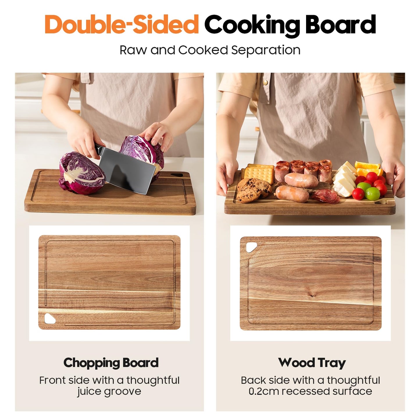 HOMKULA Acacia Wood Cutting Boards for Kitchen Non Toxic, Reversible Wooden Cutting Board with Juice Groove, Wood Chopping Board for Meat, Vegetables and Fruits, Set of 3 (S+M+L)