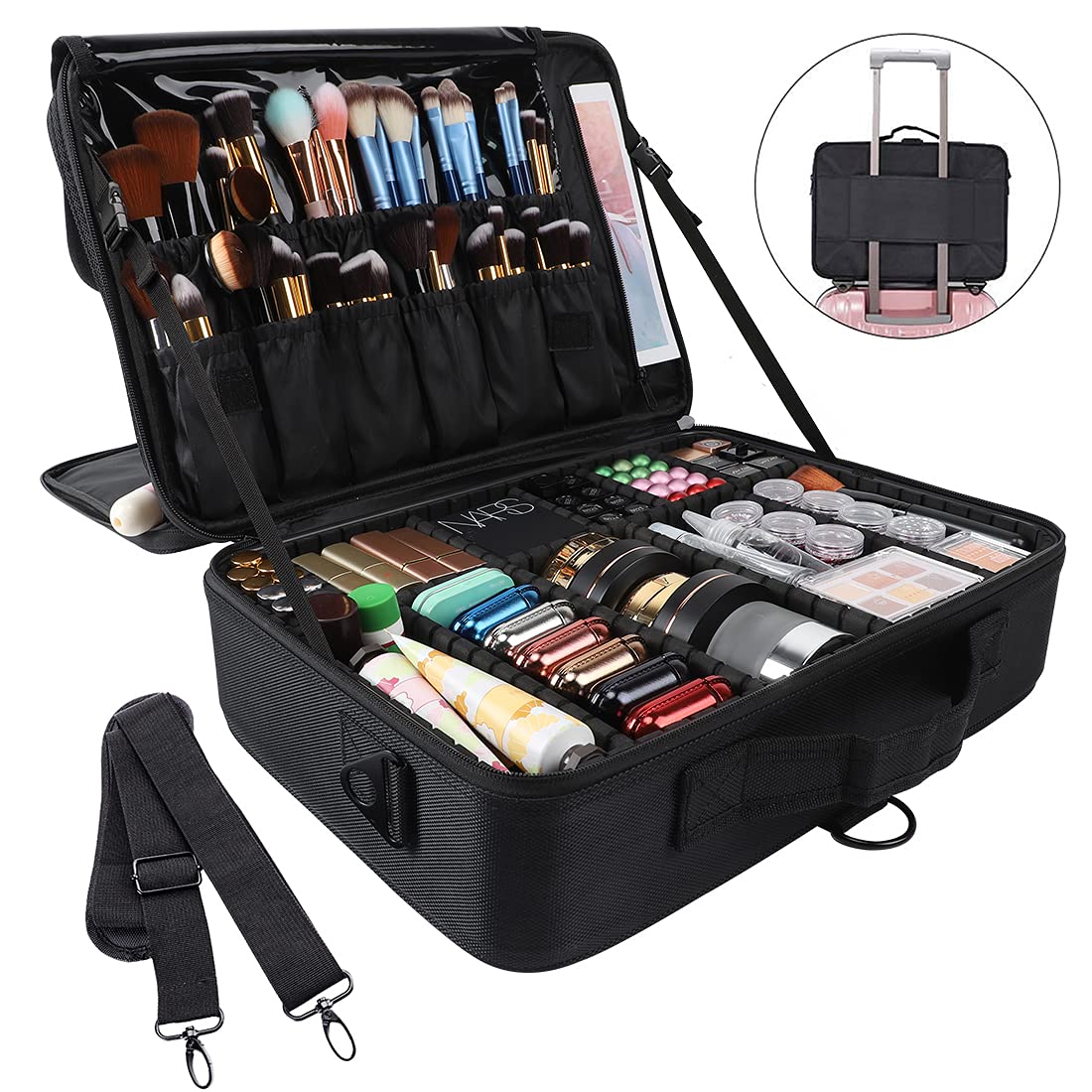 GZCZ Travel Makeup Bag,3 Layers Large Capacity Professional Makeup Train Case Cosmetic Organizer Bag Portable Artist Storage Bag 16.5 inches with Adjustable Dividers and Shoulder Strap（Black Large）