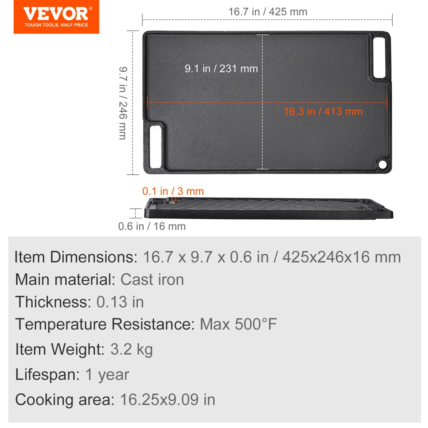 VEVOR Reversible Grill/Griddle, 9.7"x16.7" Pre-Seasoned Cast Iron Griddle, Rectangular Double Burner Griddle Pan, Non-Stick Family Pan Cookware with Handles, Flat Top Plate for BBQ, Gas Grill, Black