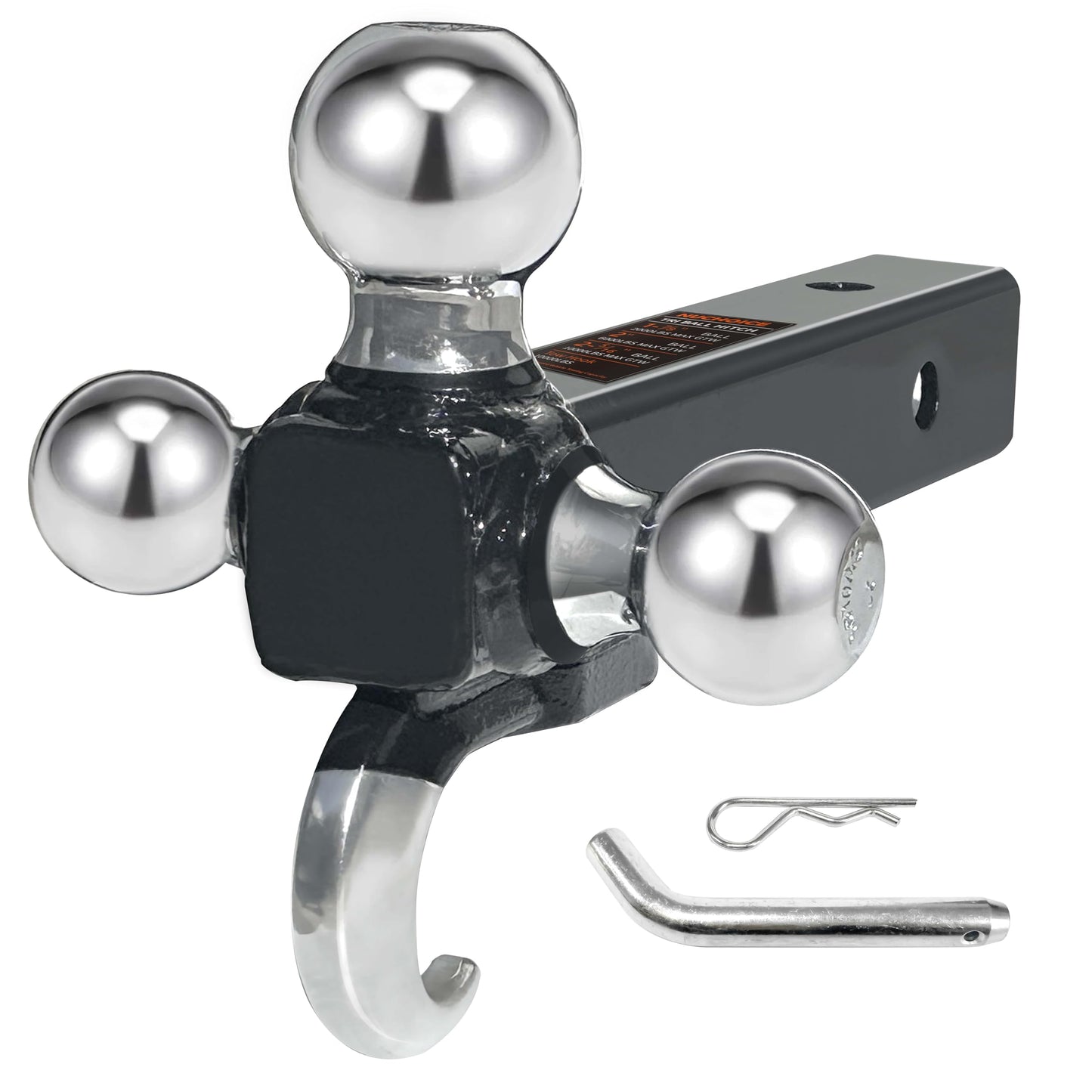 NUCHOICE Trailer Hitch Tri-Ball Mount with Hook, Fits 2” Receiver, 1-7/8”, 2”, 2-5/16” Towing Balls, Heavy-Duty Steel, Black Finish