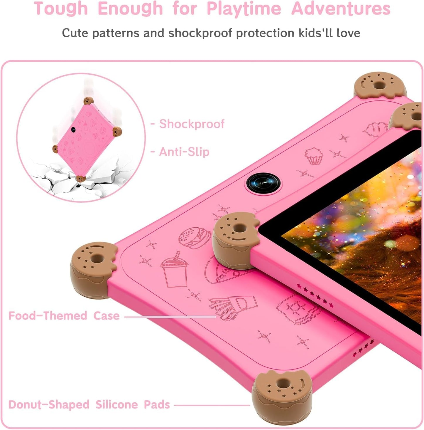 2025 Kids Tablet, 8 Inch Android Tablet for Kids 3-12 with KIDOZ Preinstalled,WiFi6 and Dual Camera, Kid Space, Parental Control, Adjustable Strap Included, Great Gift for Kids, Pink