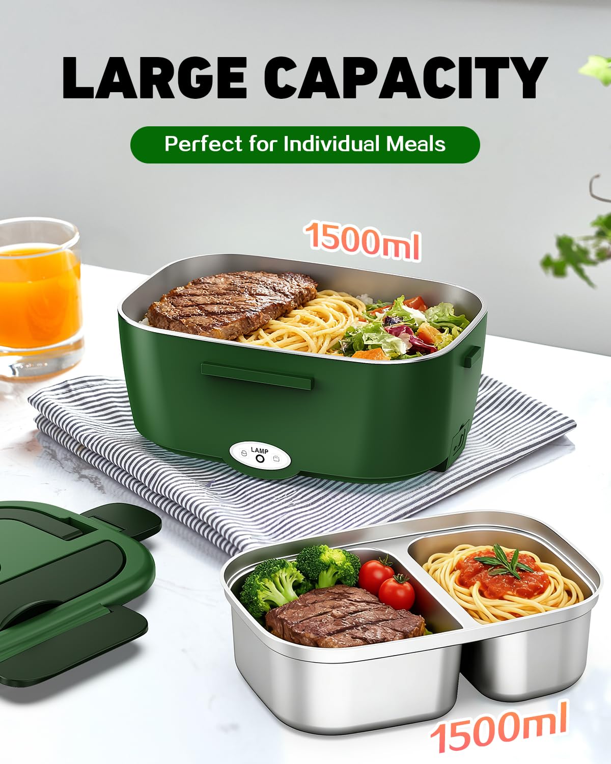 Electric Lunch Box for Adults – 80W Fast Heating Portable Food Warmer for Car, Truck & Office – Heated Lunch Box with 1.5L SS Containers, Leak-Proof Lonchera Eléctrica Portátil (GN)
