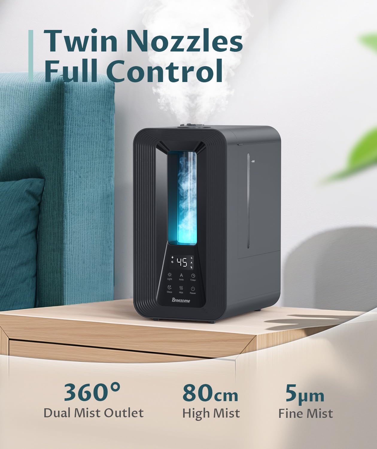 BREEZOME Humidifiers for Bedroom, 5L Top Fill Cool Mist Humidifier with Aroma Diffuser, Humidistat, Night Light, 50H Runtime, Quiet Ultrasonic Humidifiers for Home Large Room, Plants, Baby Nursery