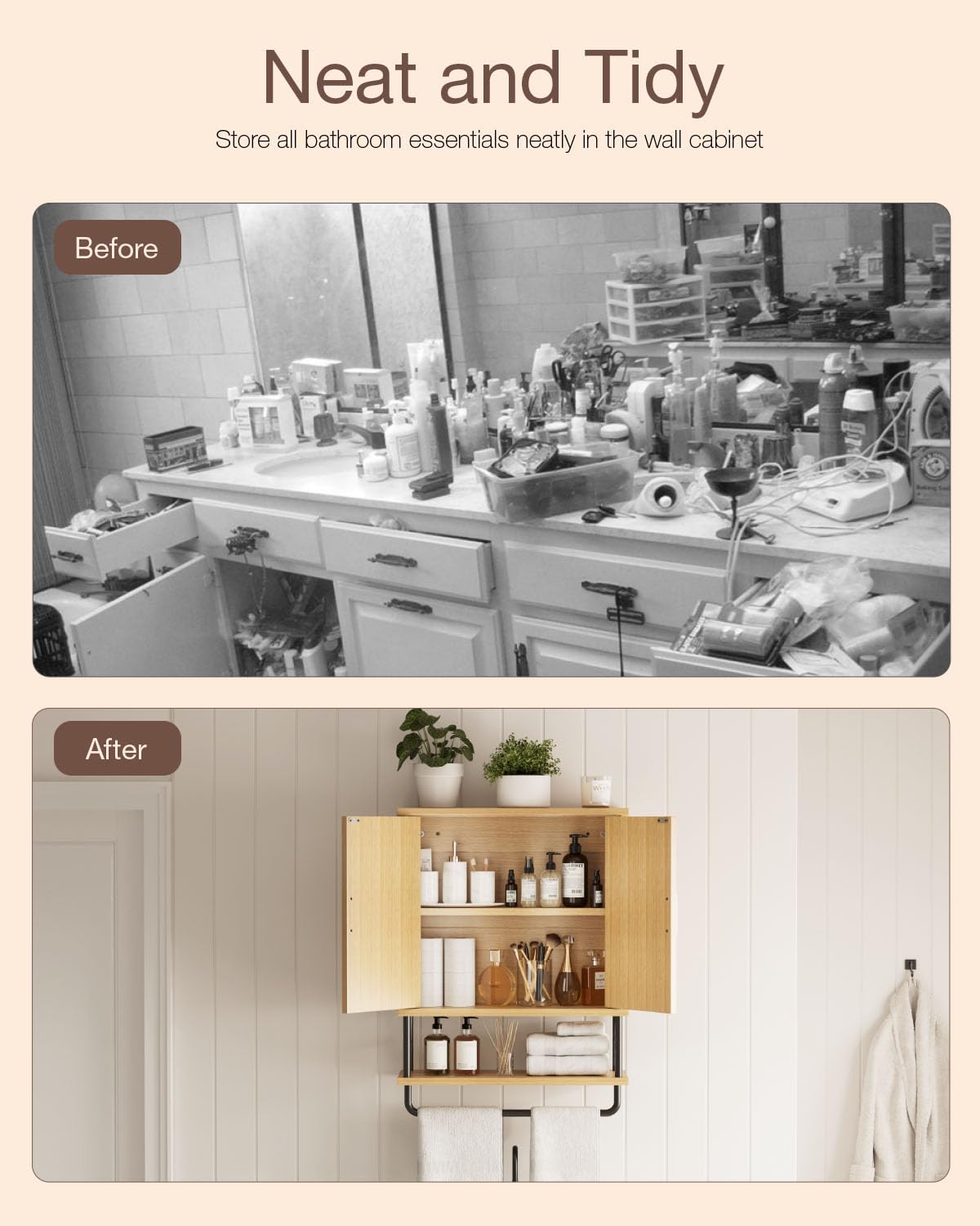 MIRICHY Bathroom Wall Cabinet, Fluted Medicine Cabinet Wall Mounted with 2 Doors & Shelf, Towel Rack Over The Toilet Storage for Bathroon, Kitchen, Bedroom & Laundry, Natural Small