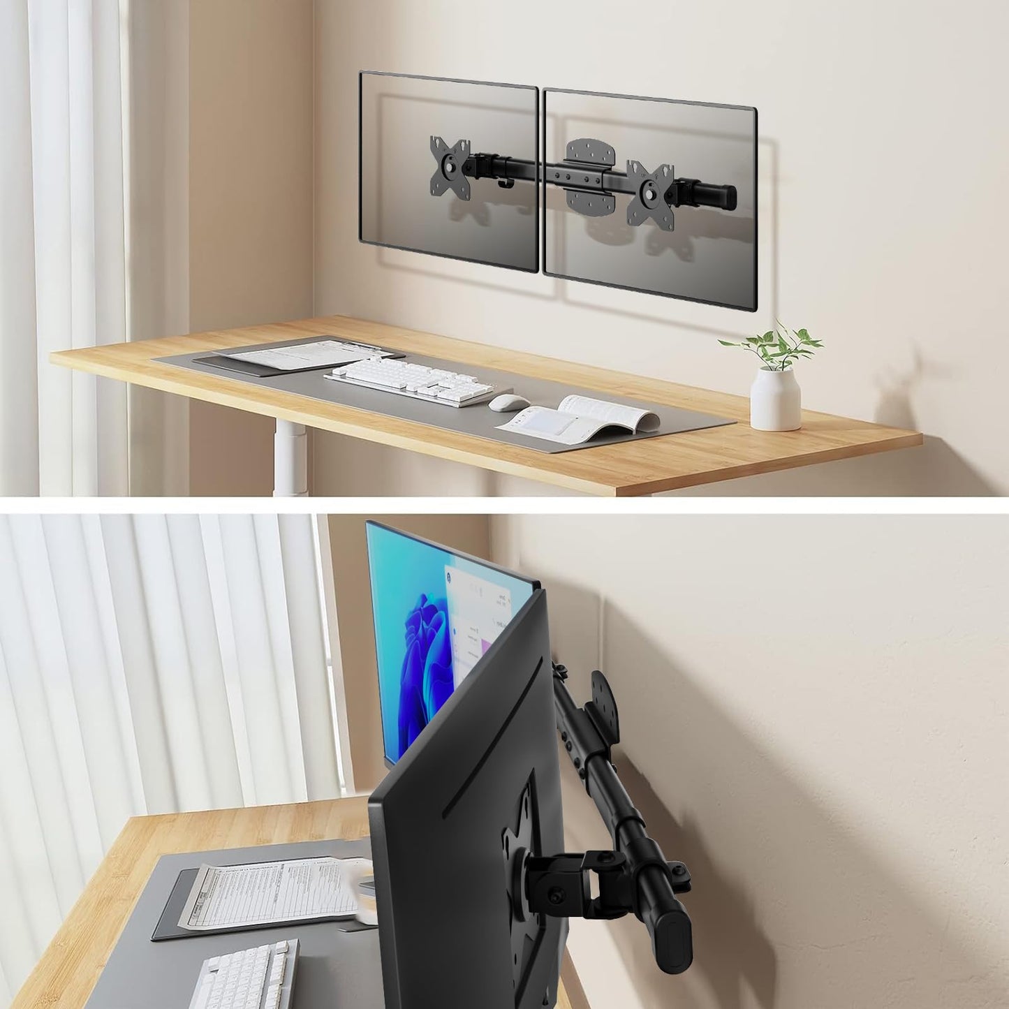 WALI Dual Monitor Arm Wall Mount up to 27 inch, Single to Double Bracket Adapter, Horizontal Assembly Monitor Arm for 2 Screens, Holds Up to 22lbs per Arm (012ARM), Black