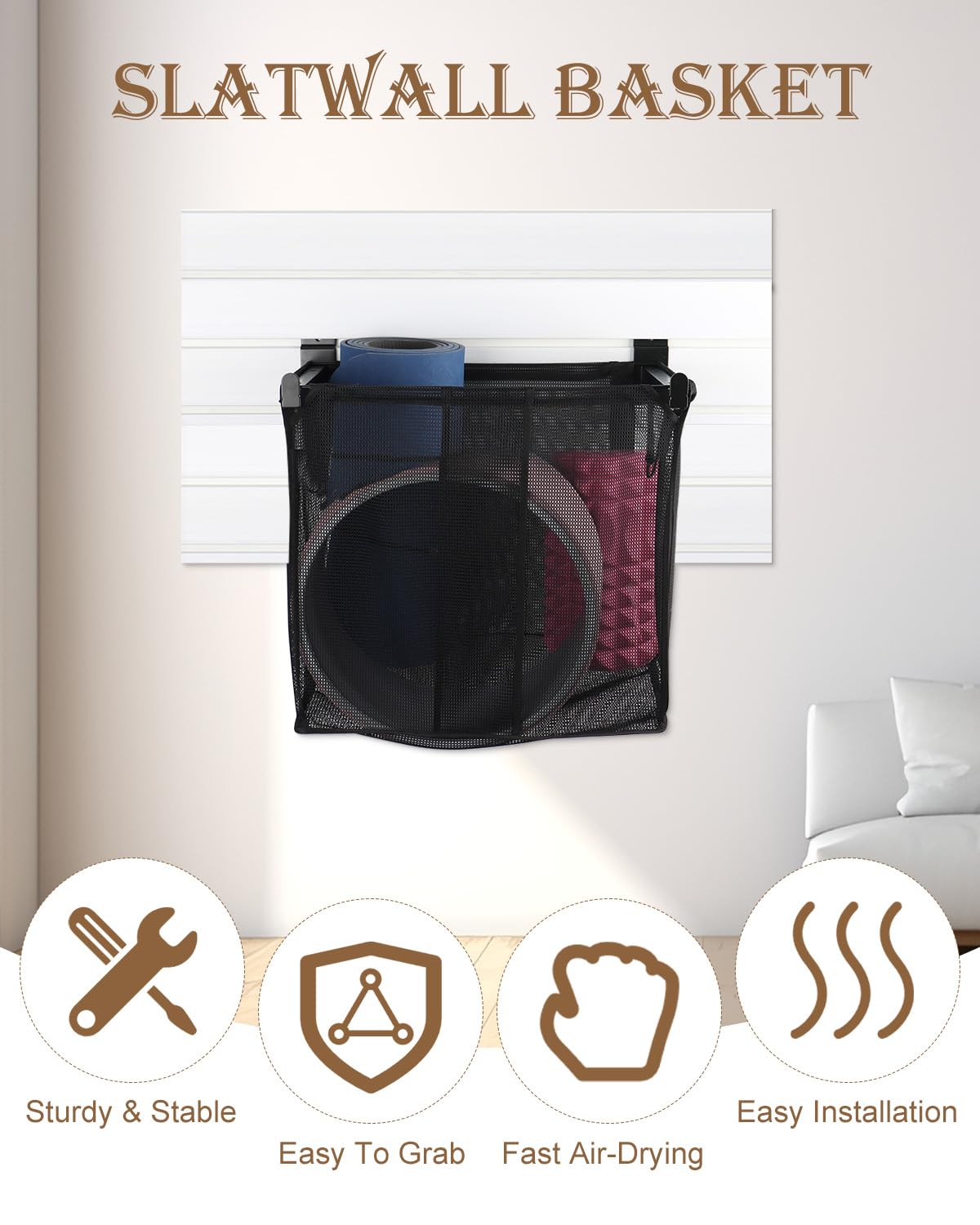 WENHUALI 2Pcs Mesh Slatwall Baskets Set with Metal Brackets, Large Storage Basket Hanging Mounted Storage Bins Slatwall Accessories for 3 Suspension Styles(16 x 10 x 16Inch)